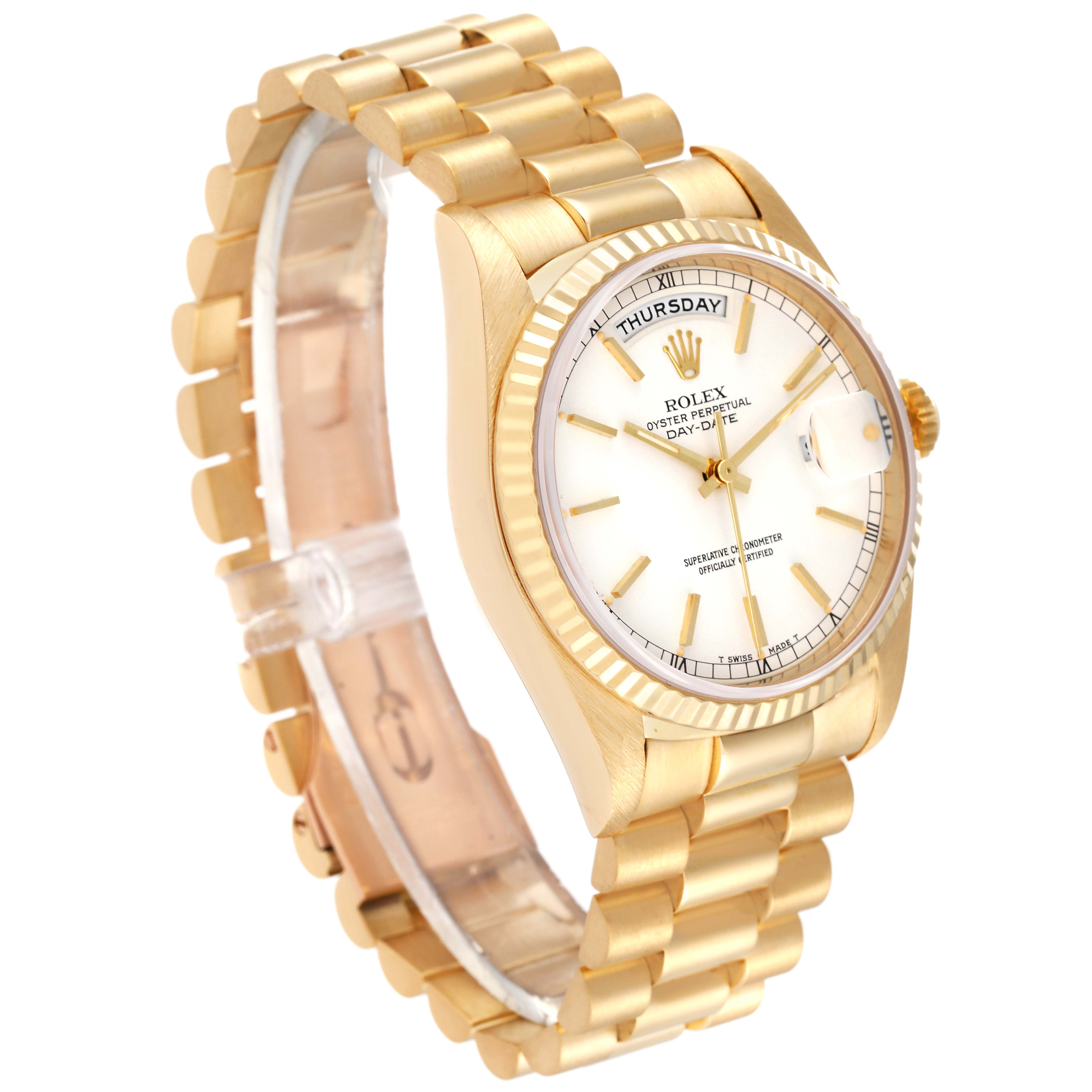 The image shows a side angle of a Rolex President 18238 Men
s Yellow Gold White Dial 18238 Men
s Yellow Gold White Dial model watch, highlighting its gold bracelet, fluted bezel, and white dial.