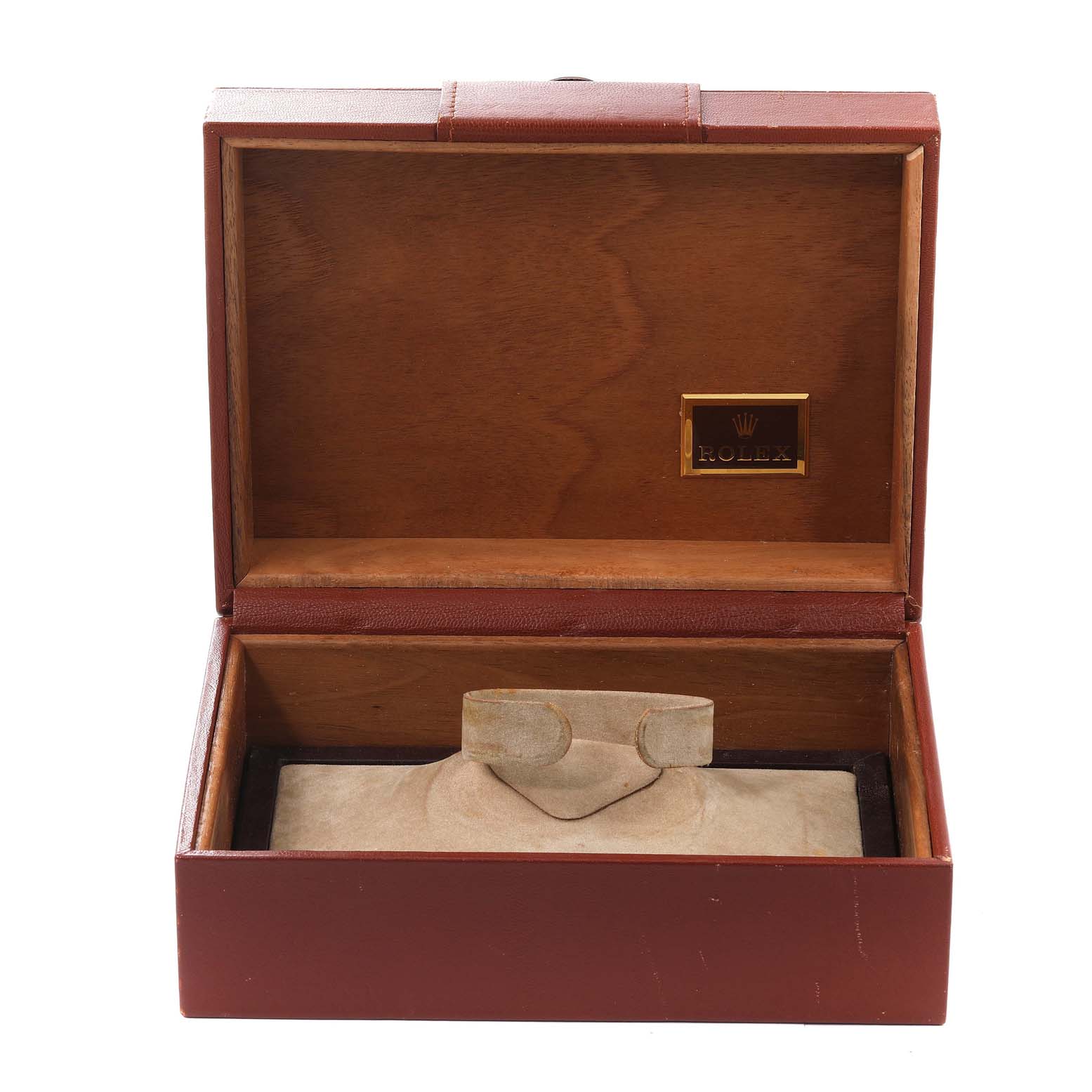 The image shows an open box for a Rolex President 18238 Men
s Yellow Gold White Dial 18238 Men
s Yellow Gold White Dial model watch, with a cushioned watch holder inside.