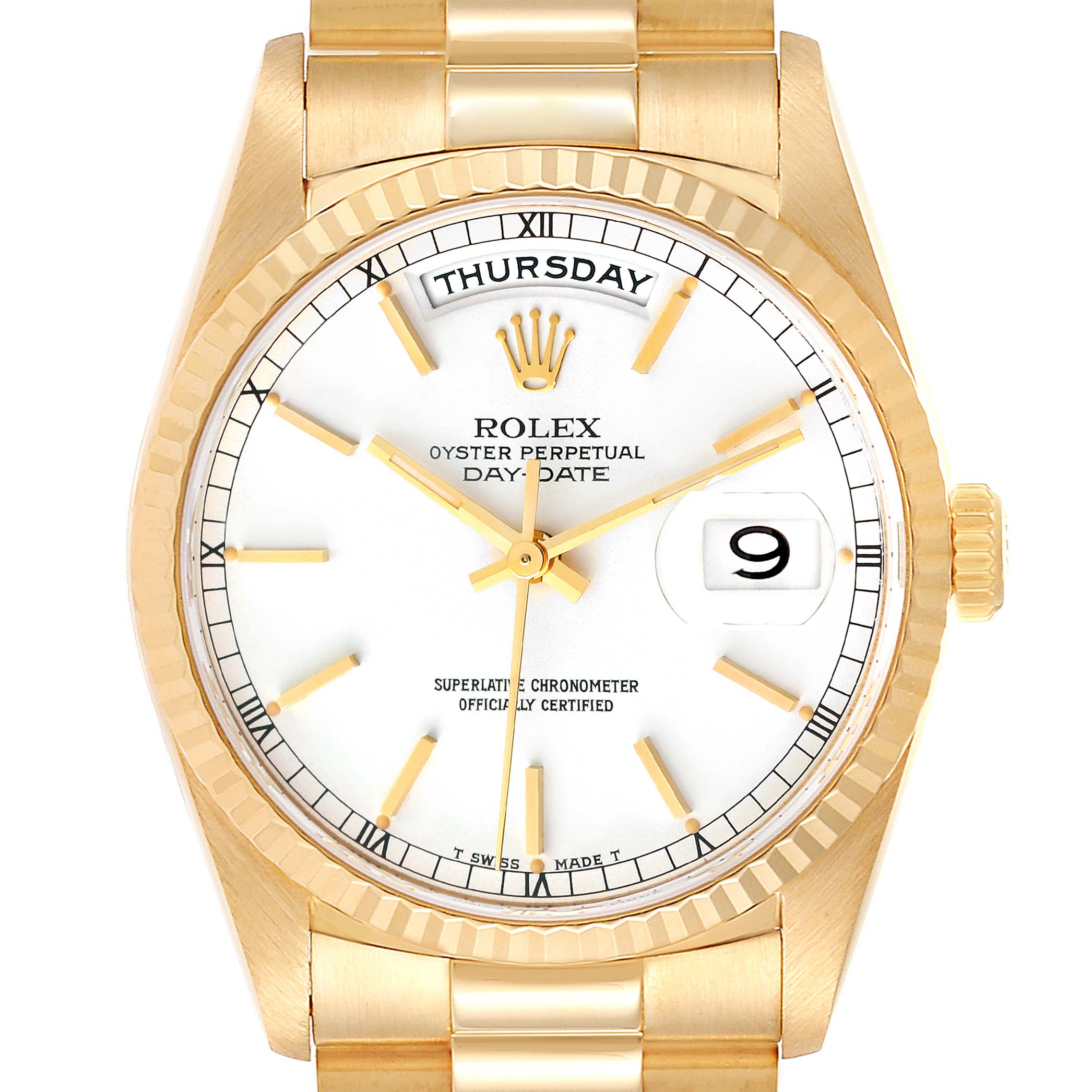 This image shows a front-facing view of a Rolex President 18238 Men
s Yellow Gold White Dial 18238 Men
s Yellow Gold White Dial model watch, highlighting its dial, hands, date, and day indicators.