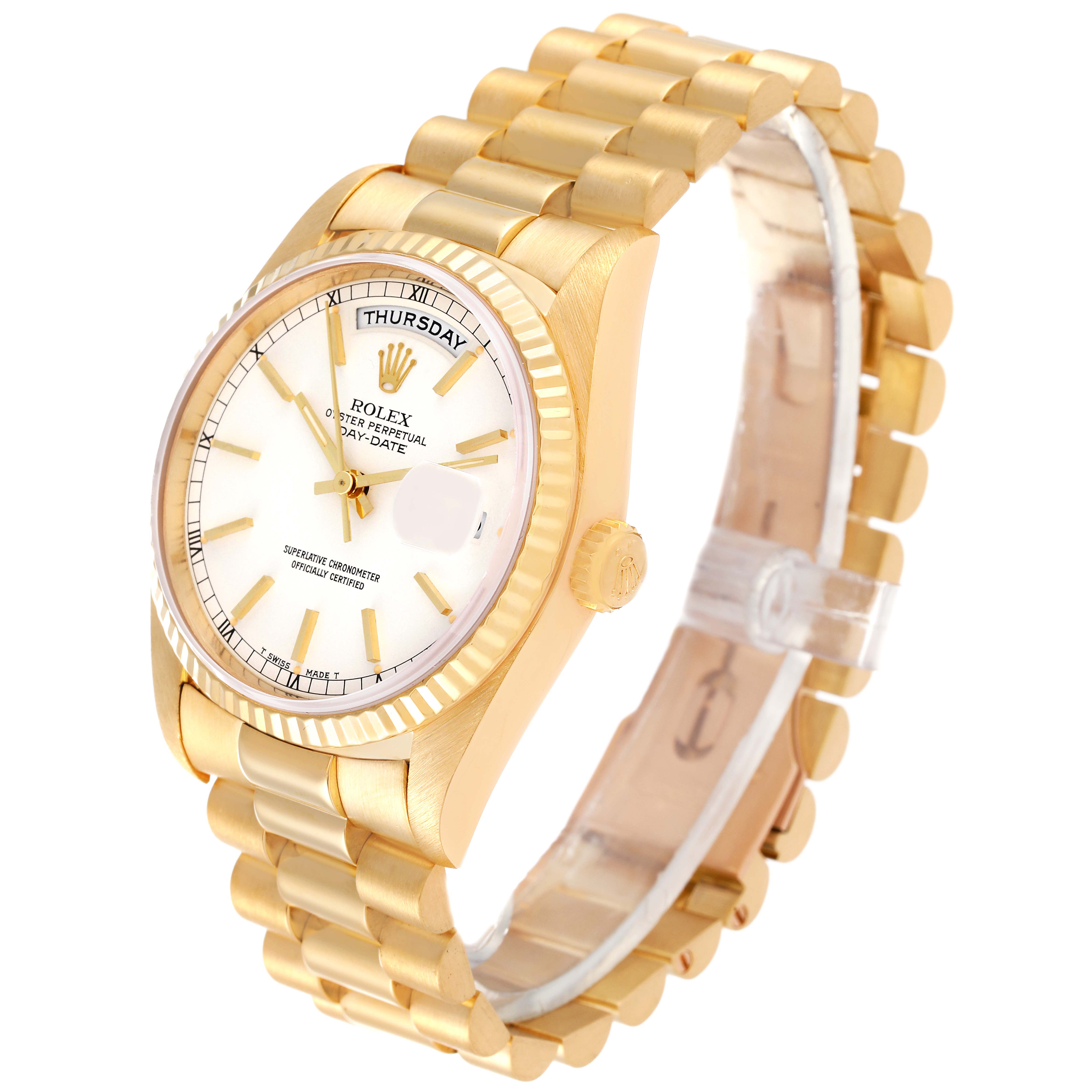 The Rolex President 18238 Men
s Yellow Gold White Dial 18238 Men
s Yellow Gold White Dial model watch is shown from a front-left angle, displaying its face, bezel, crown, and bracelet.