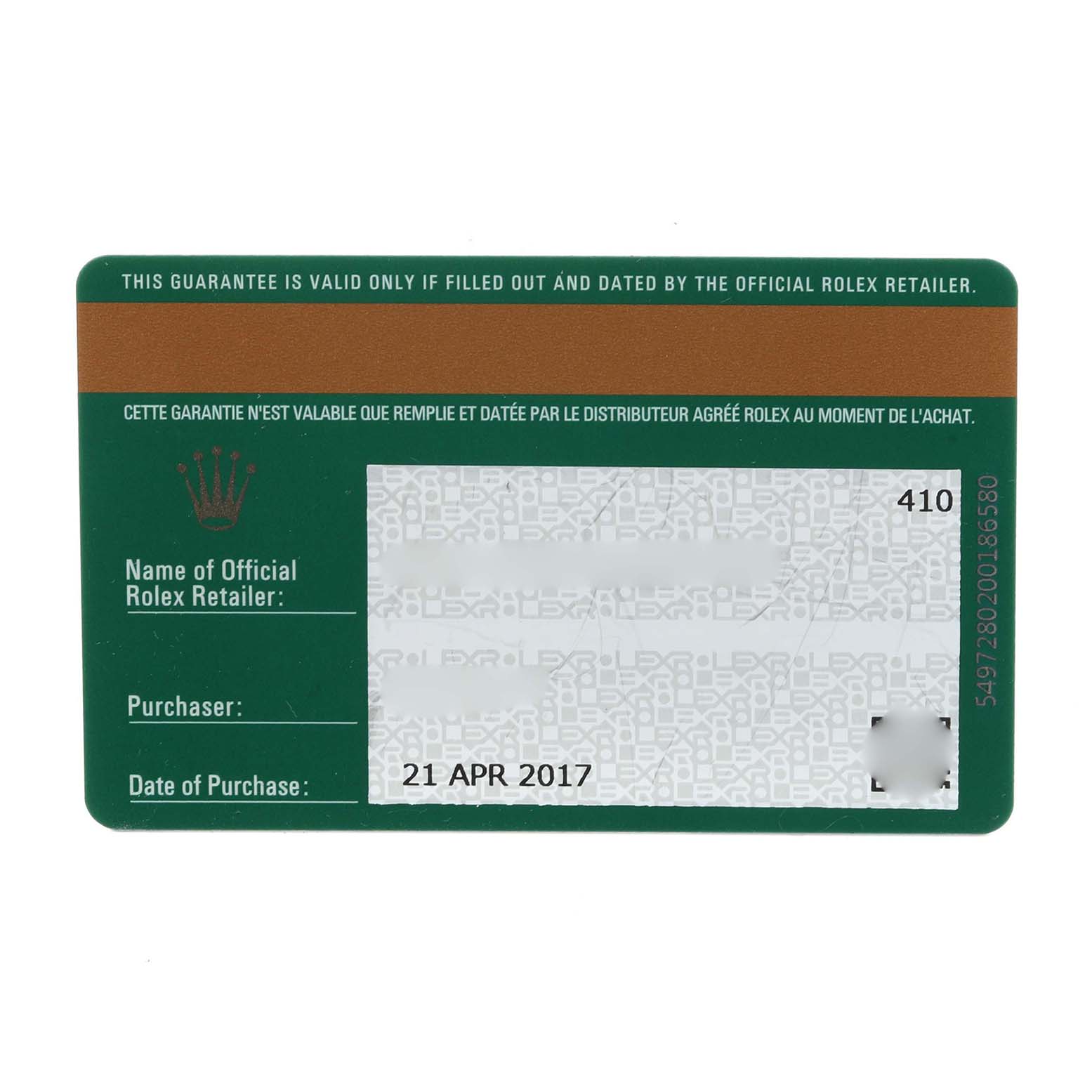 The image shows a warranty card for the Rolex President 228239 Men's White Gold Black Dial 228239 Men's White Gold Black Dial model, featuring purchase details and retailer information.