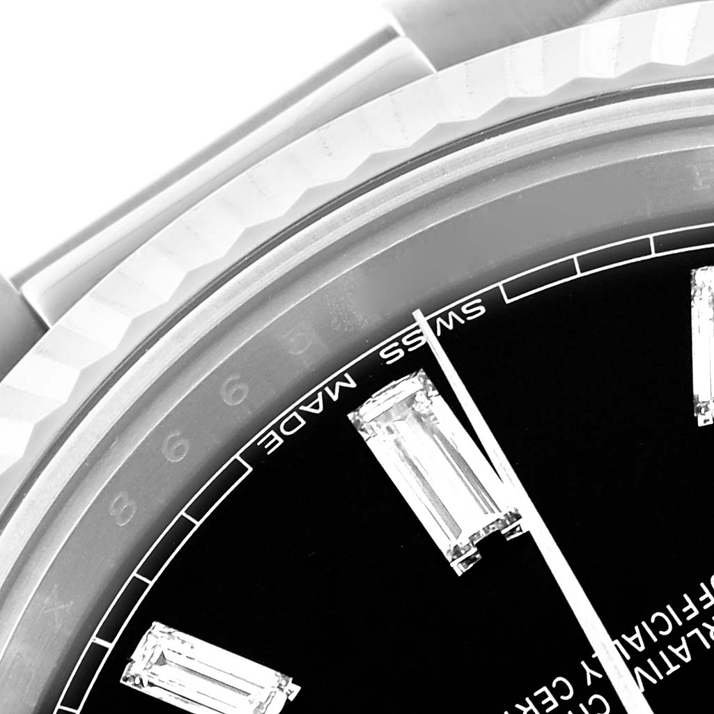 The image shows a close-up of the Rolex President 228239 Men's White Gold Black Dial 228239 Men's White Gold Black Dial watch, focusing on the bezel, dial, and markers.