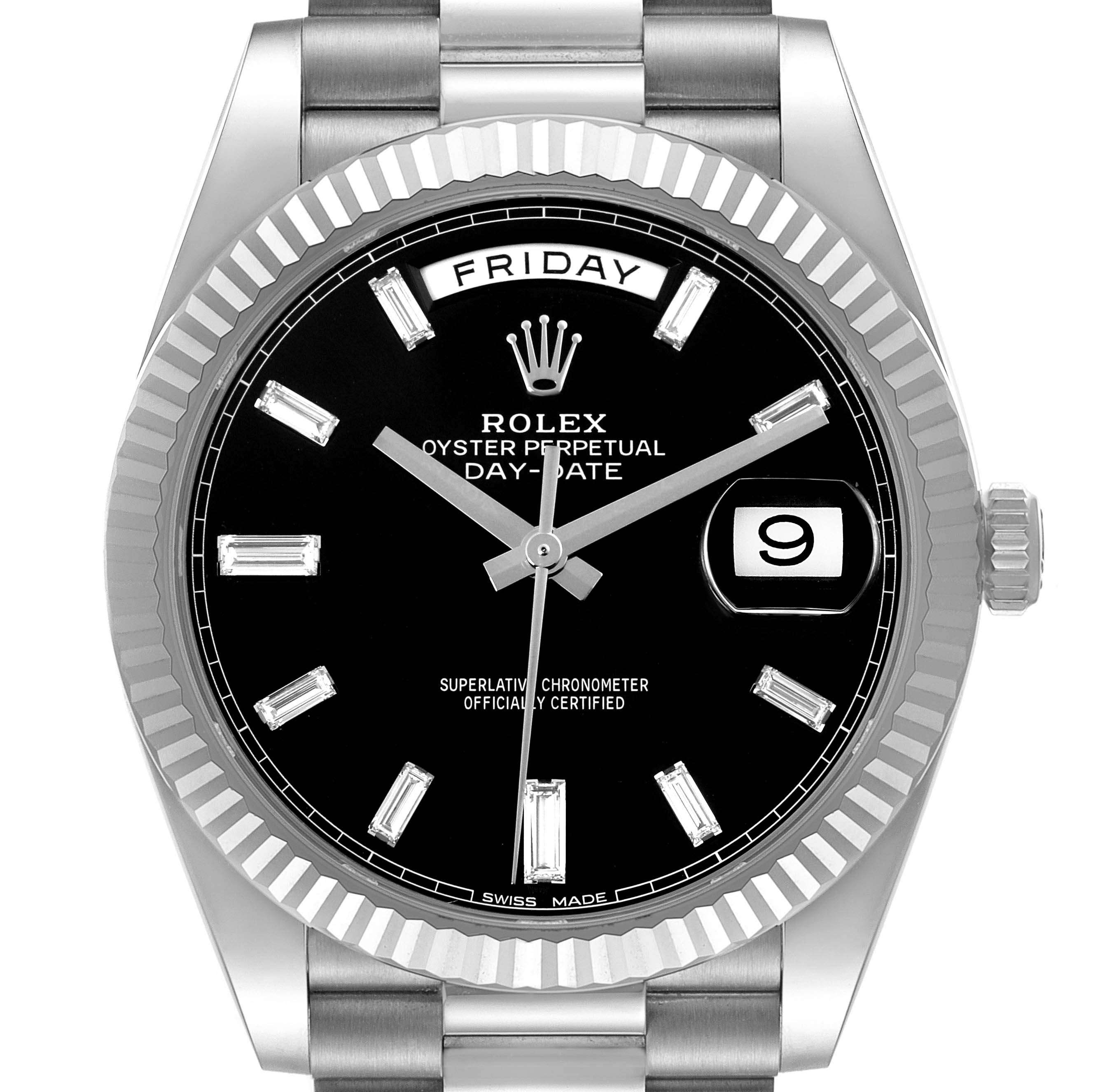The image shows a frontal view of the Rolex President 228239 Men's White Gold Black Dial 228239 Men's White Gold Black Dial watch, highlighting its black dial, fluted bezel, and day-date displays.