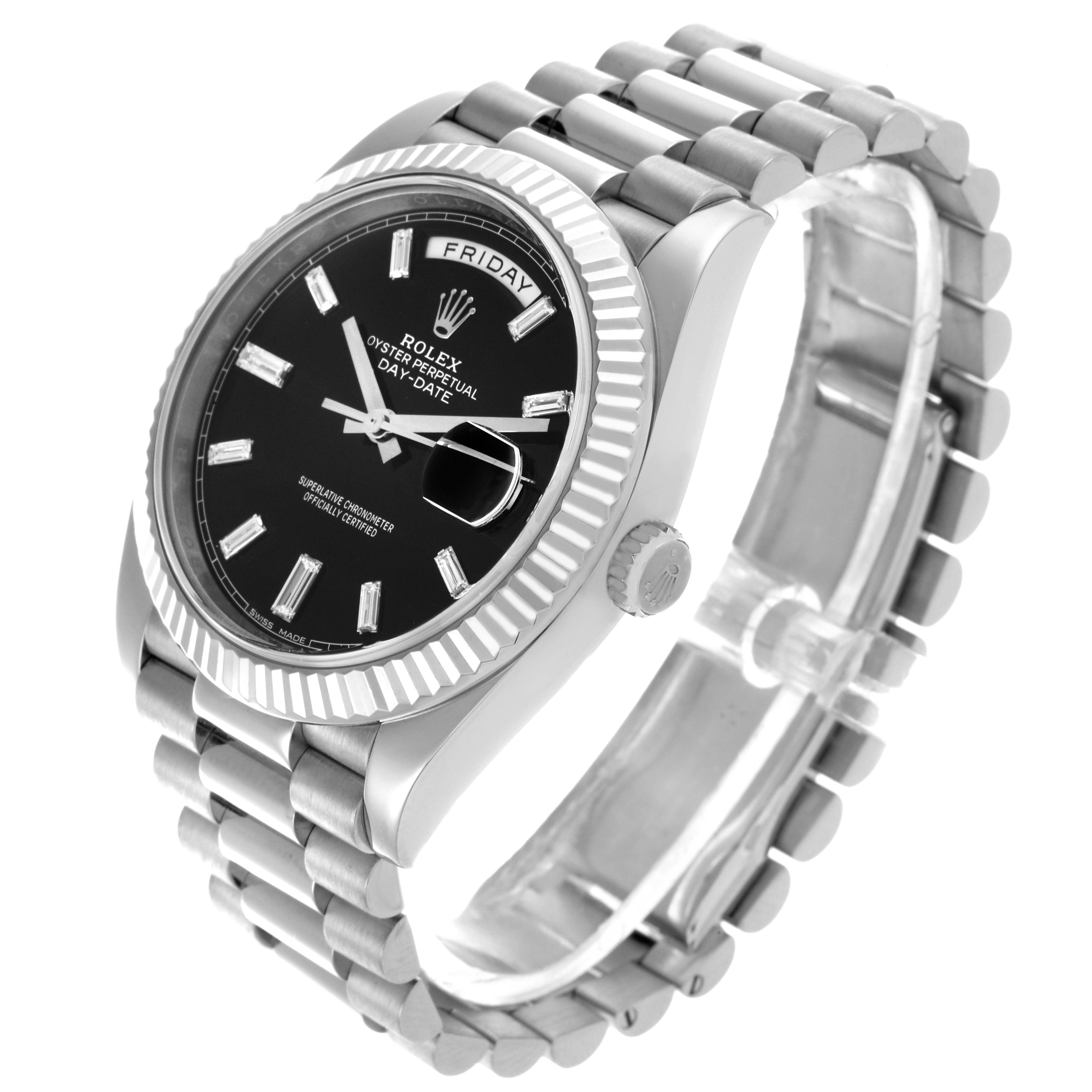 The Rolex President 228239 Men's White Gold Black Dial 228239 Men's White Gold Black Dial model is shown at an angled side view, highlighting the dial, bezel, crown, and band.