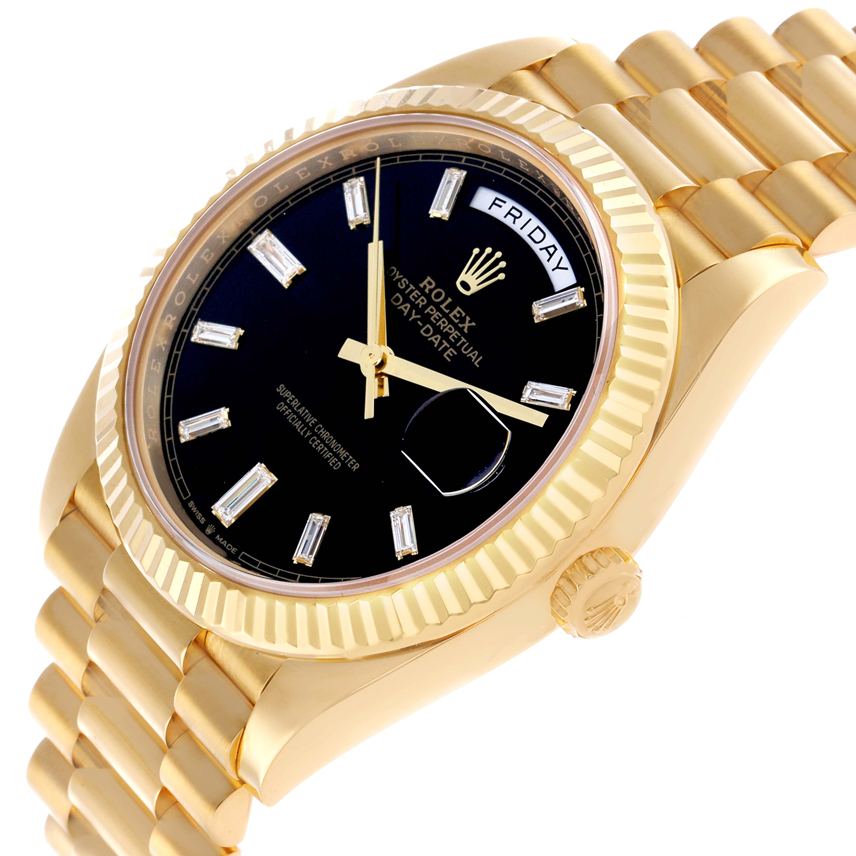The Rolex President 228238 Men's Yellow Gold Black Dial model is shown at an angled view, highlighting the fluted bezel, black dial, bracelet, crown, and cyclops lens.