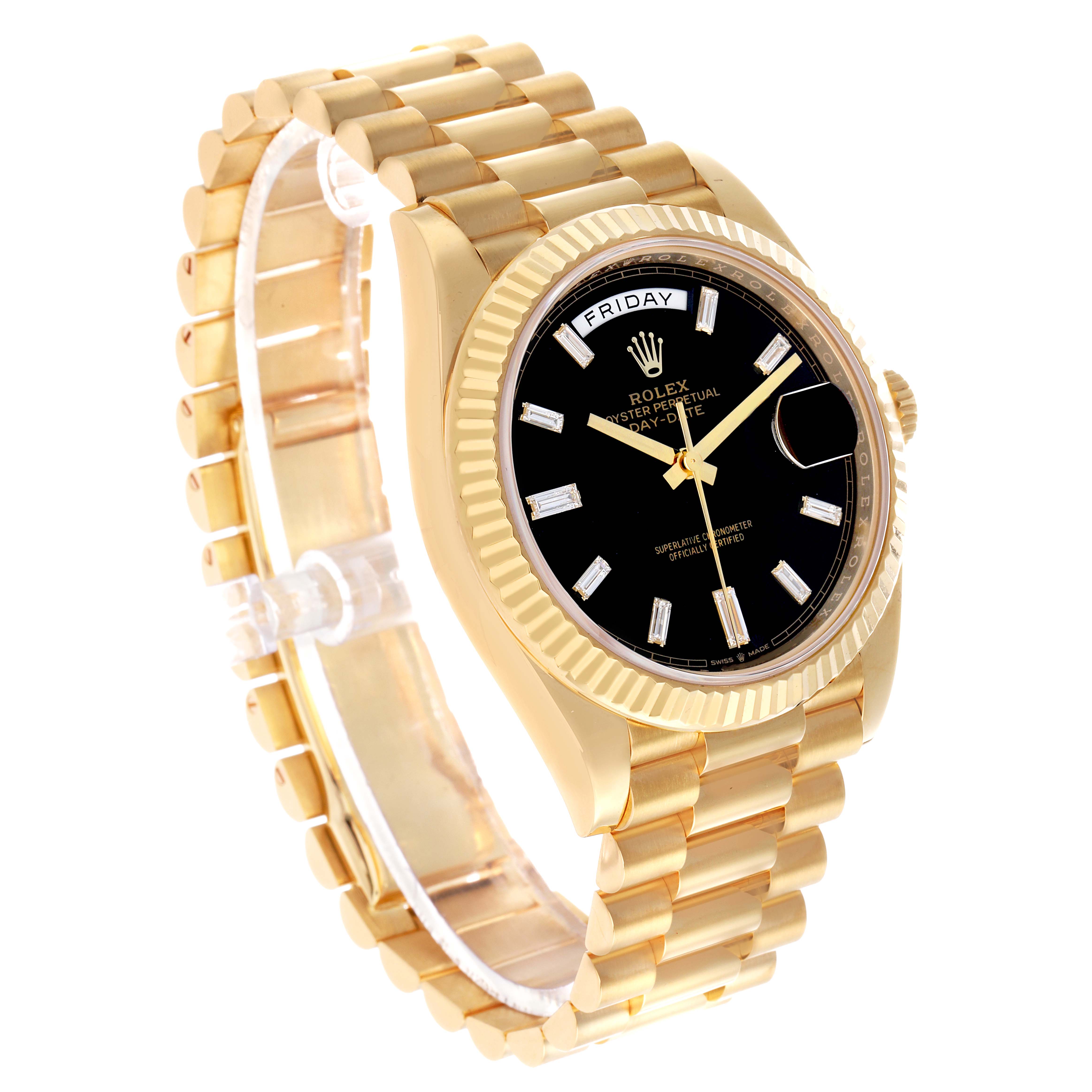The Rolex President 228238 Men's Yellow Gold Black Dial watch is shown at a slight angle, highlighting the bracelet, black dial, and fluted bezel.