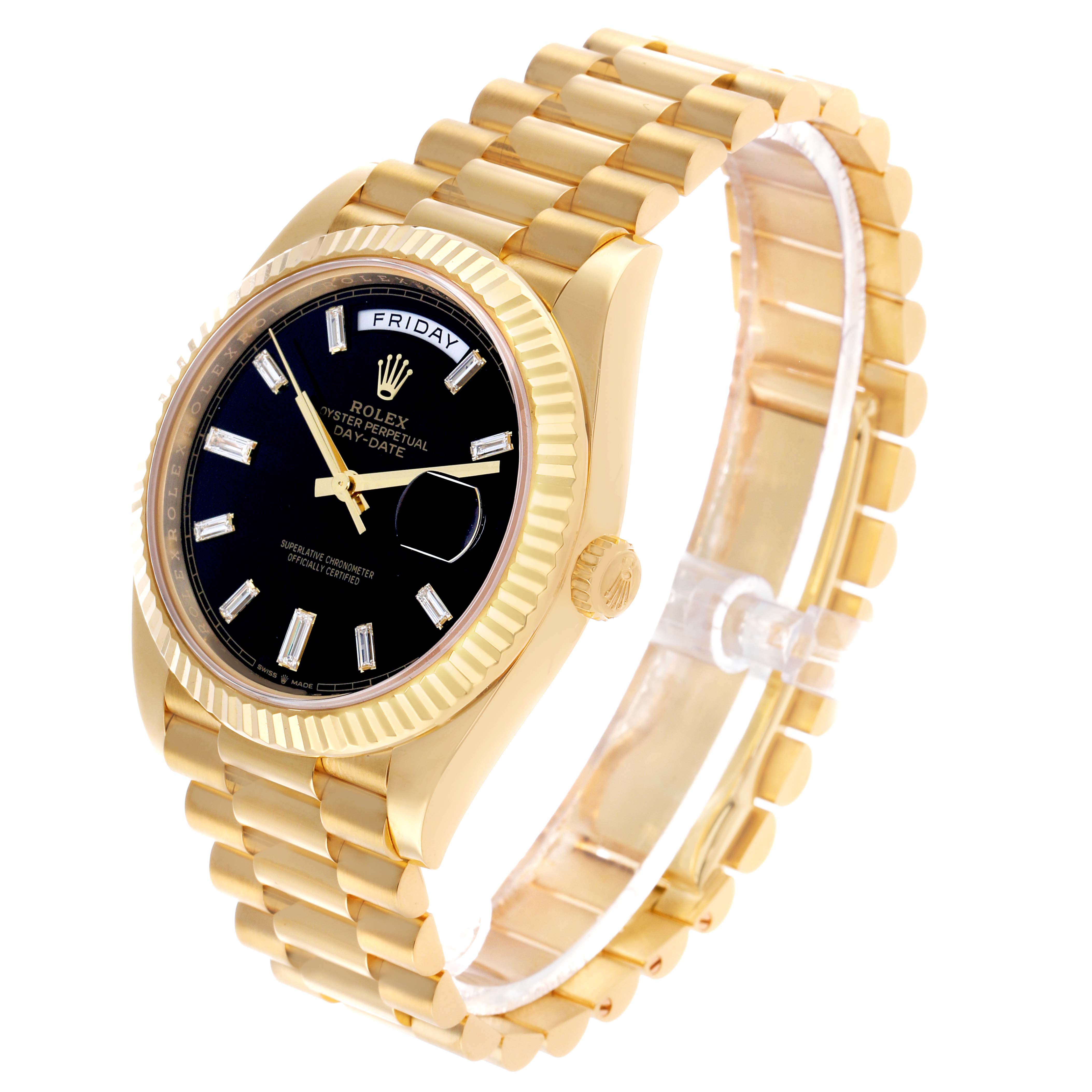 The Rolex President 228238 Men's Yellow Gold Black Dial model is shown at a three-quarter angle, displaying the black dial, fluted bezel, and gold bracelet.