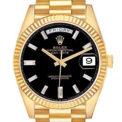The Rolex President 228238 Men's Yellow Gold Black Dial model is shown from a front angle, highlighting the dial, hands, date, and fluted bezel.