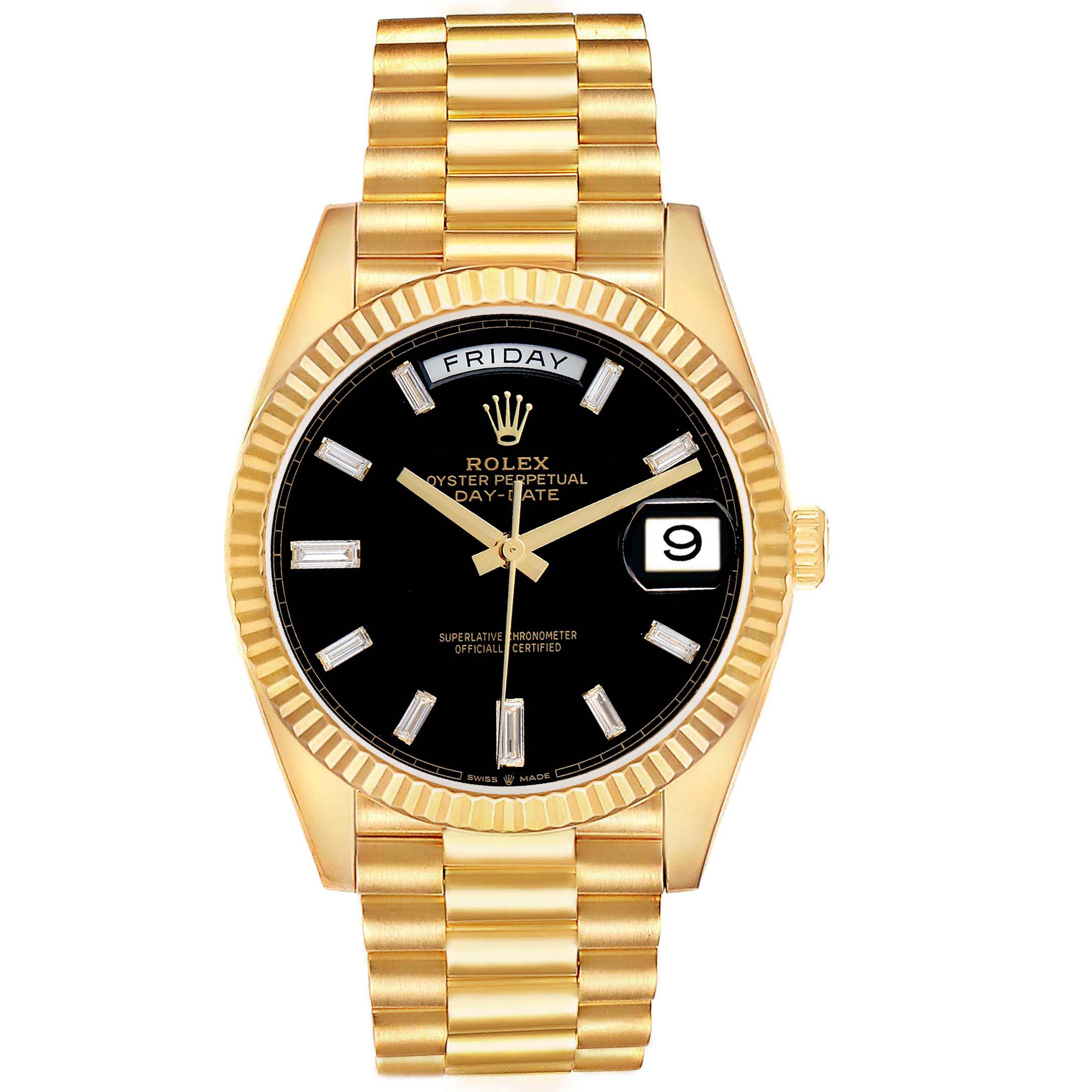 The Rolex President 228238 Men's Yellow Gold Black Dial model is shown from a top-down angle, displaying its gold bracelet, black dial, day, and date features.