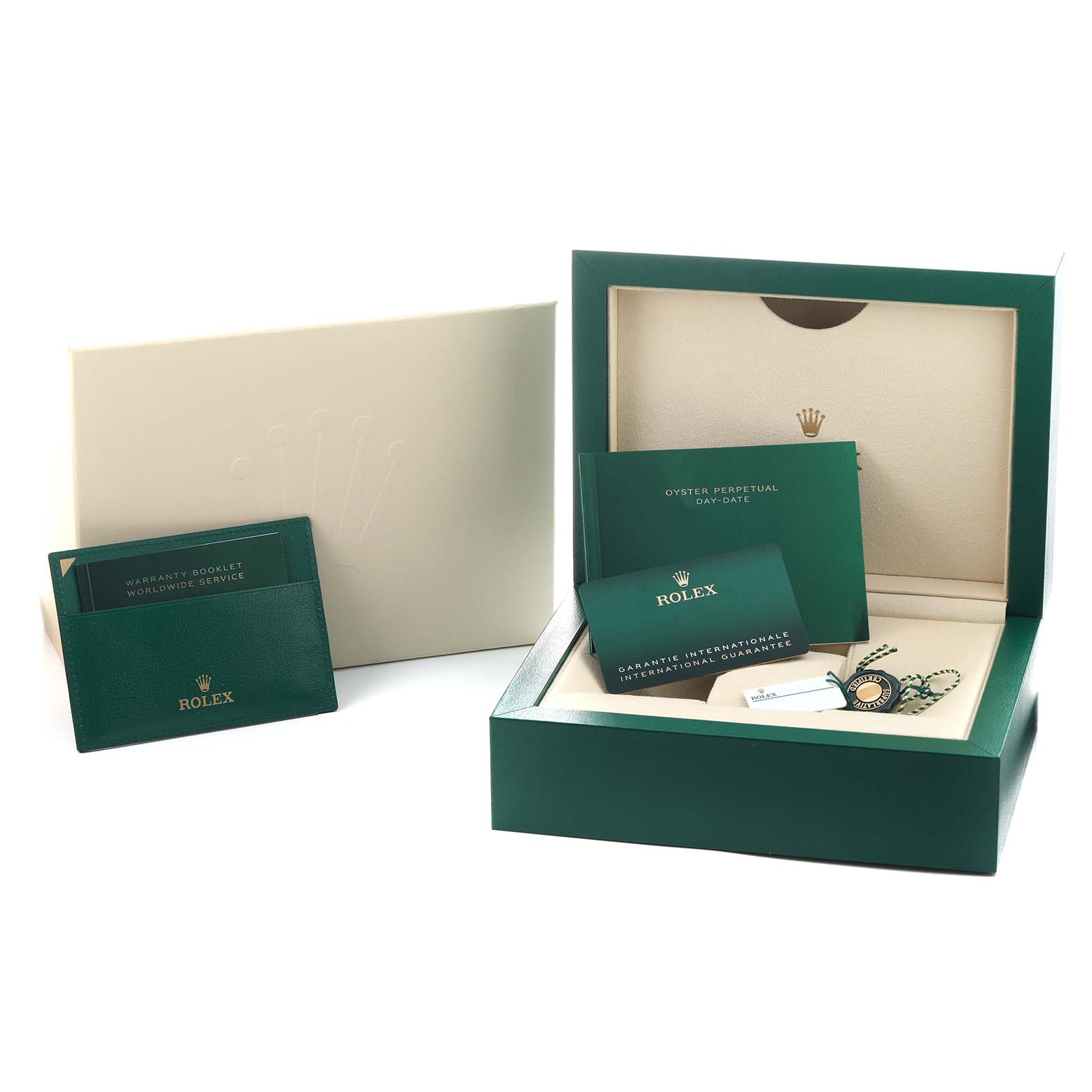 The image shows a Rolex President 228238 Men's Yellow Gold Black Dial model box from an angled view with manuals and tags inside.