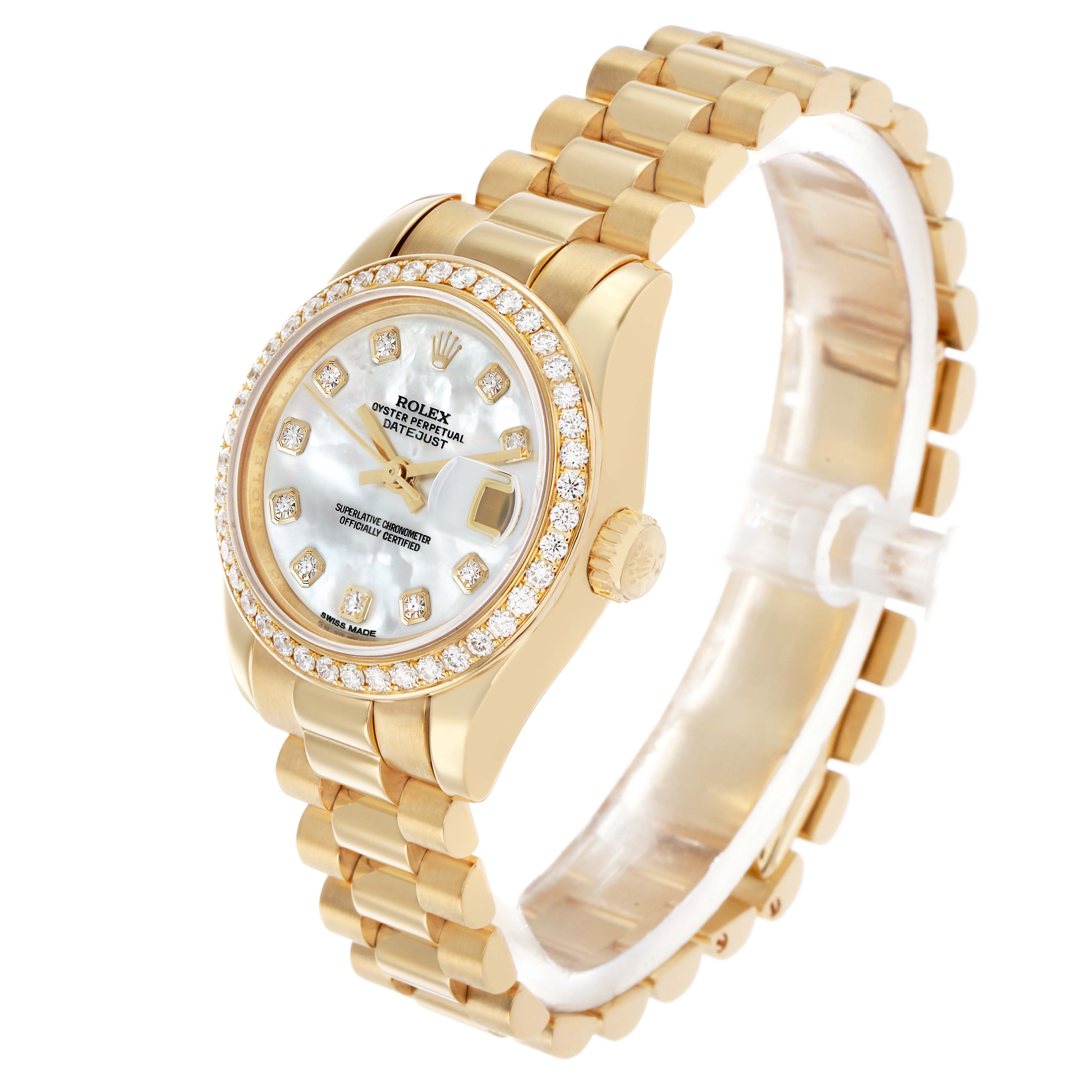 The Rolex President 179138 Women's Yellow Gold Mother of Pearl Dial watch is shown at a three-quarter angle, highlighting the face, bezel, and bracelet.