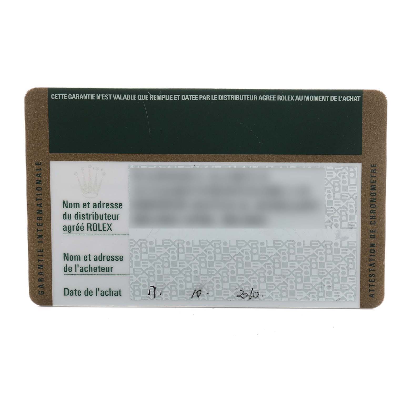 The image shows a guarantee card for a Rolex President 179138 Women's Yellow Gold Mother of Pearl Dial model, featuring information fields and a green design.