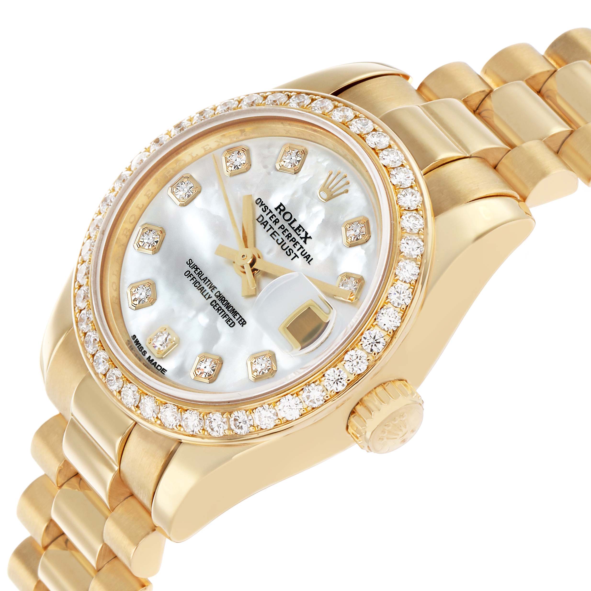 The Rolex President 179138 Women's Yellow Gold Mother of Pearl Dial watch is shown at a tilted angle, highlighting the diamond bezel, face, and bracelet.