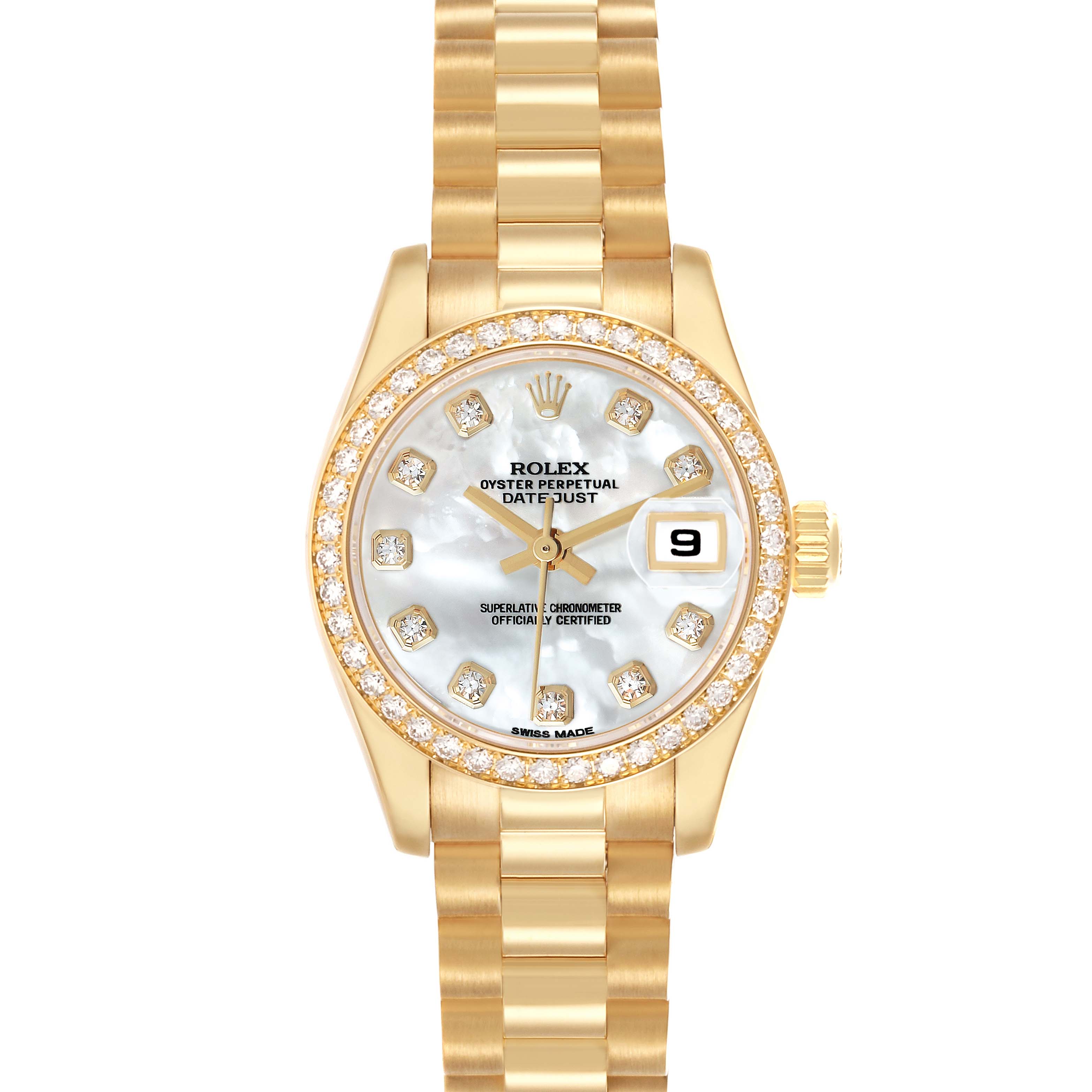 The Rolex President 179138 Women's Yellow Gold Mother of Pearl Dial watch is shown from a top view, highlighting its gold bracelet, diamond bezel, and dial with date display.