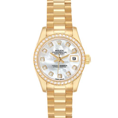 The Rolex President 179138 Women's Yellow Gold Mother of Pearl Dial model watch is shown from a frontal angle, highlighting its gold bracelet, diamond-studded bezel, and face.