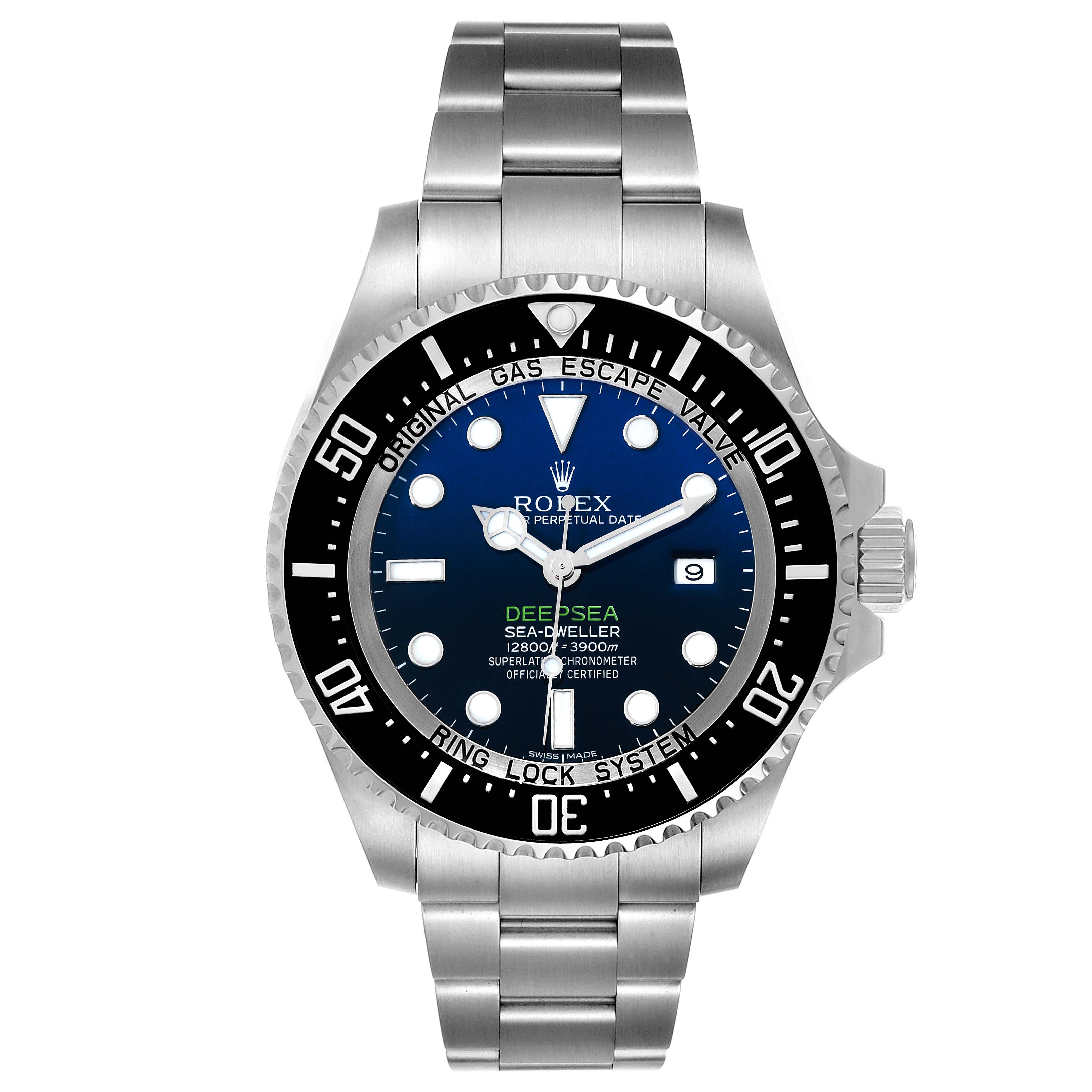 This image shows a front view of the Rolex Sea-Dweller 116660 Men's Stainless Steel Blue Dial 116660 Men's Stainless Steel Blue Dial Deepsea watch, highlighting its dial, bezel, and bracelet.