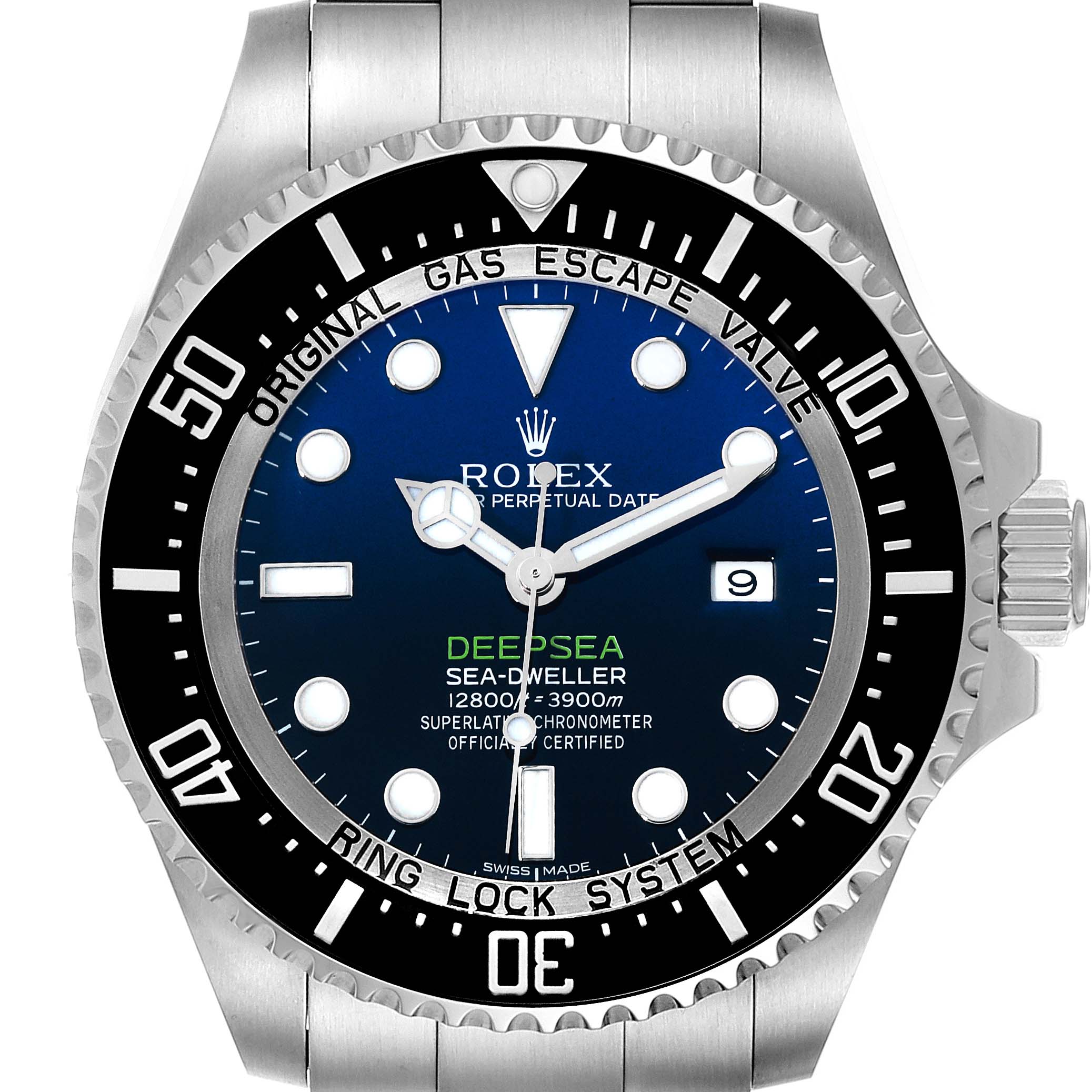 This image shows a front view of the Rolex Sea-Dweller 116660 Men's Stainless Steel Blue Dial 116660 Men's Stainless Steel Blue Dial Deepsea watch, highlighting its dial, bezel, and part of the bracelet.