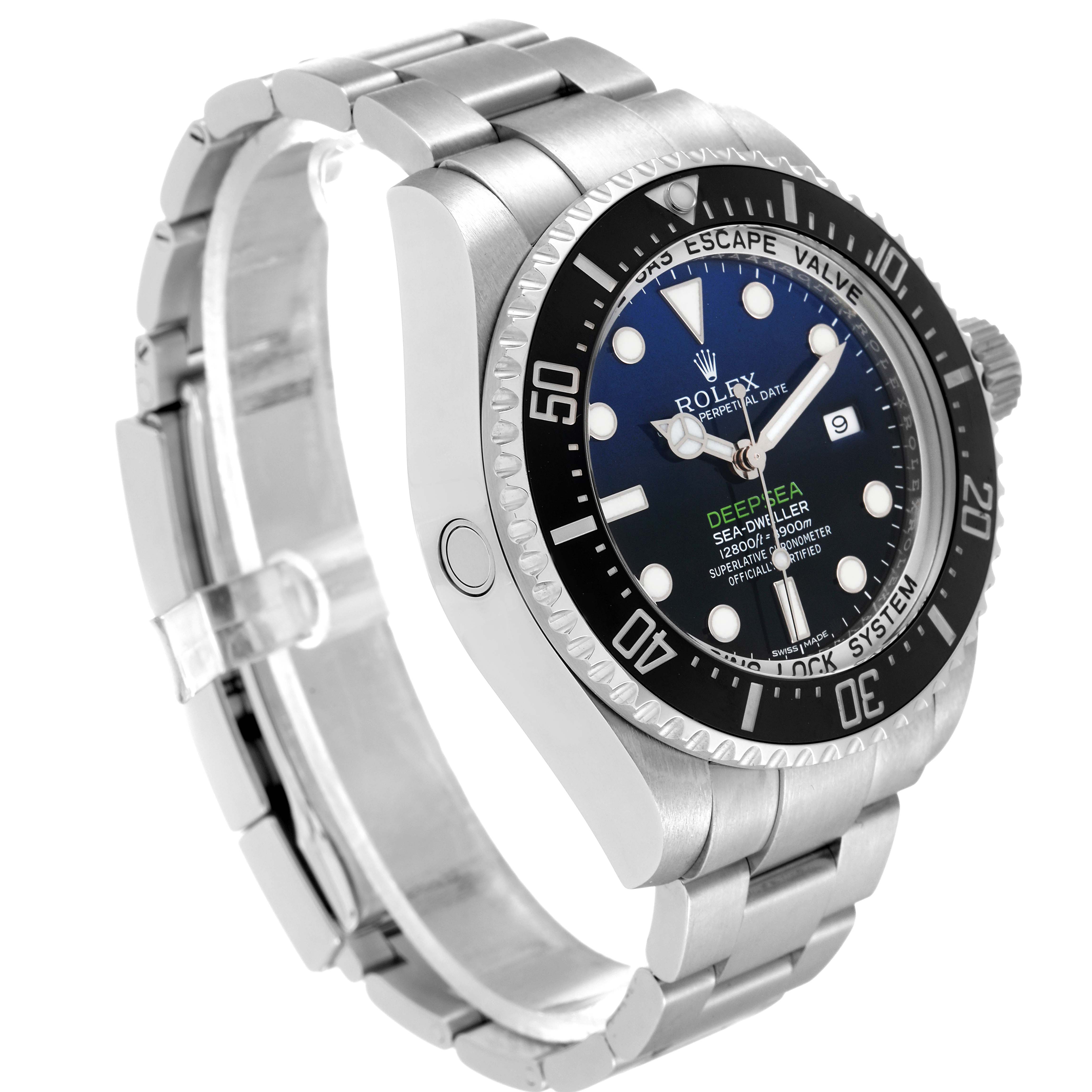 The image shows a side angle of the Rolex Sea-Dweller 116660 Men's Stainless Steel Blue Dial 116660 Men's Stainless Steel Blue Dial watch displaying its face, band, bezel, and crown.