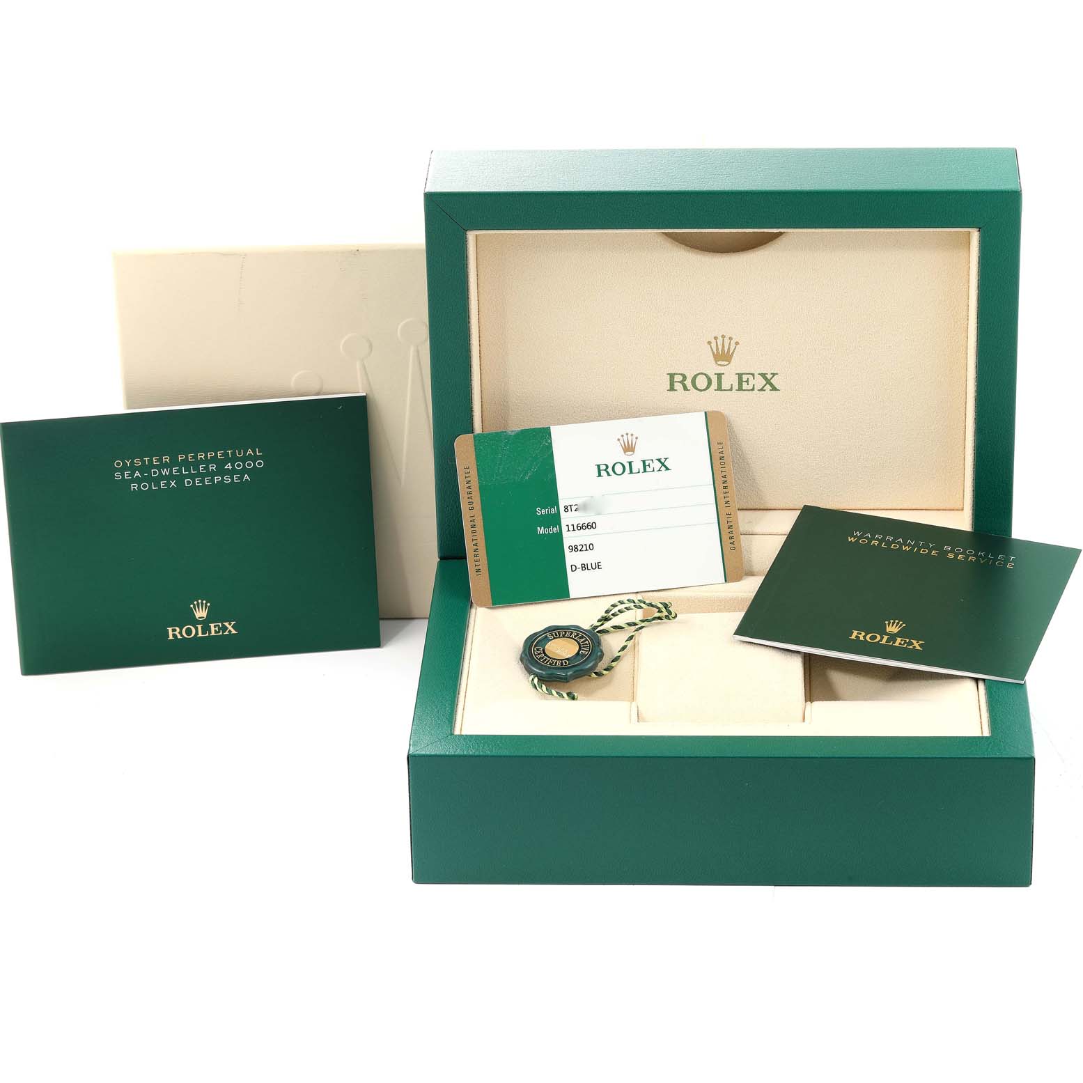 The image shows the box, manuals, warranty card, and hang tag for the Rolex Sea-Dweller 116660 Men's Stainless Steel Blue Dial 116660 Men's Stainless Steel Blue Dial watch.