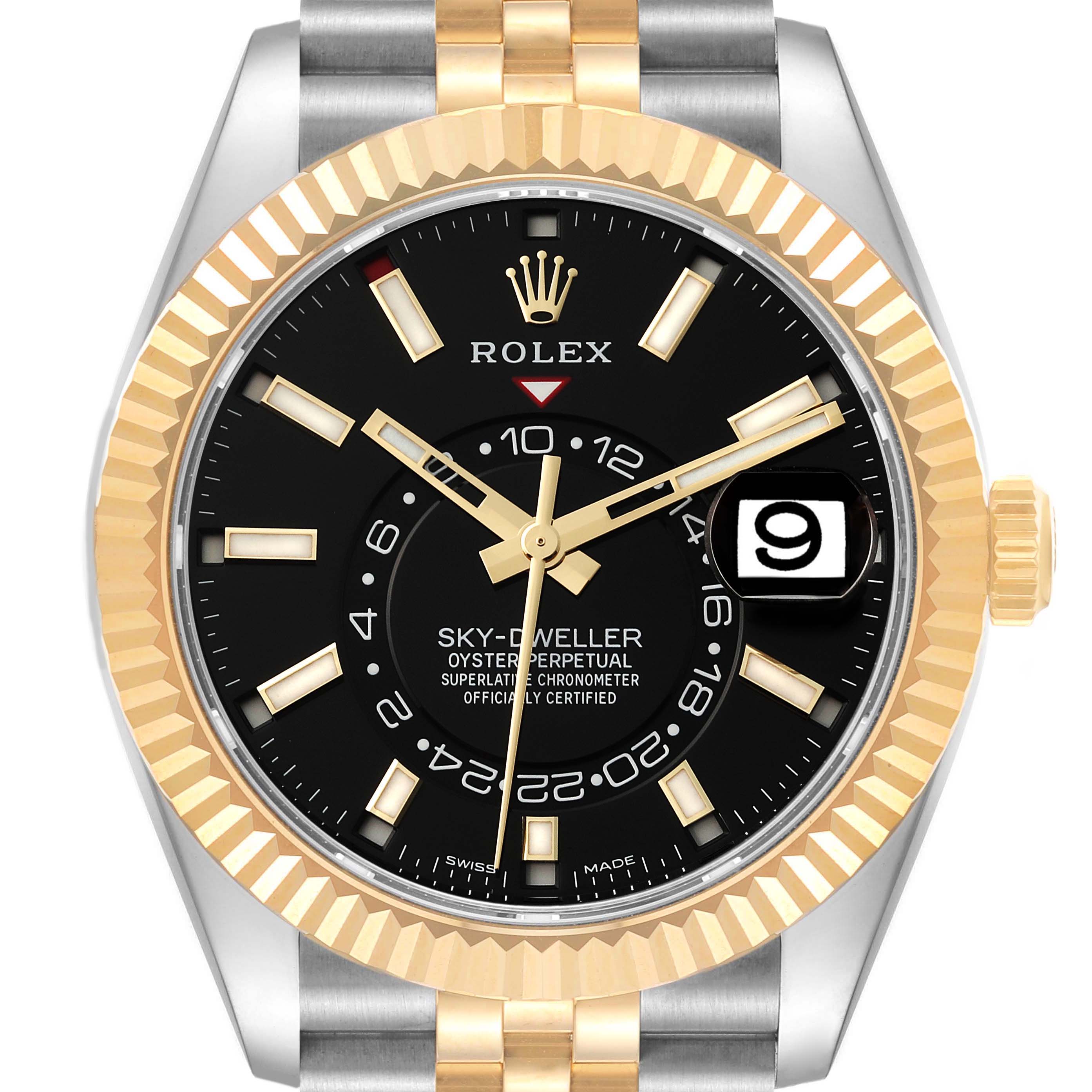 The image shows a front view of a Rolex Sky-Dweller 326933 Men's Steel and Gold (two tone) Black Dial 326933 Men's Steel and Gold (two tone) Black Dial watch, highlighting its dial, bezel, and bracelet.