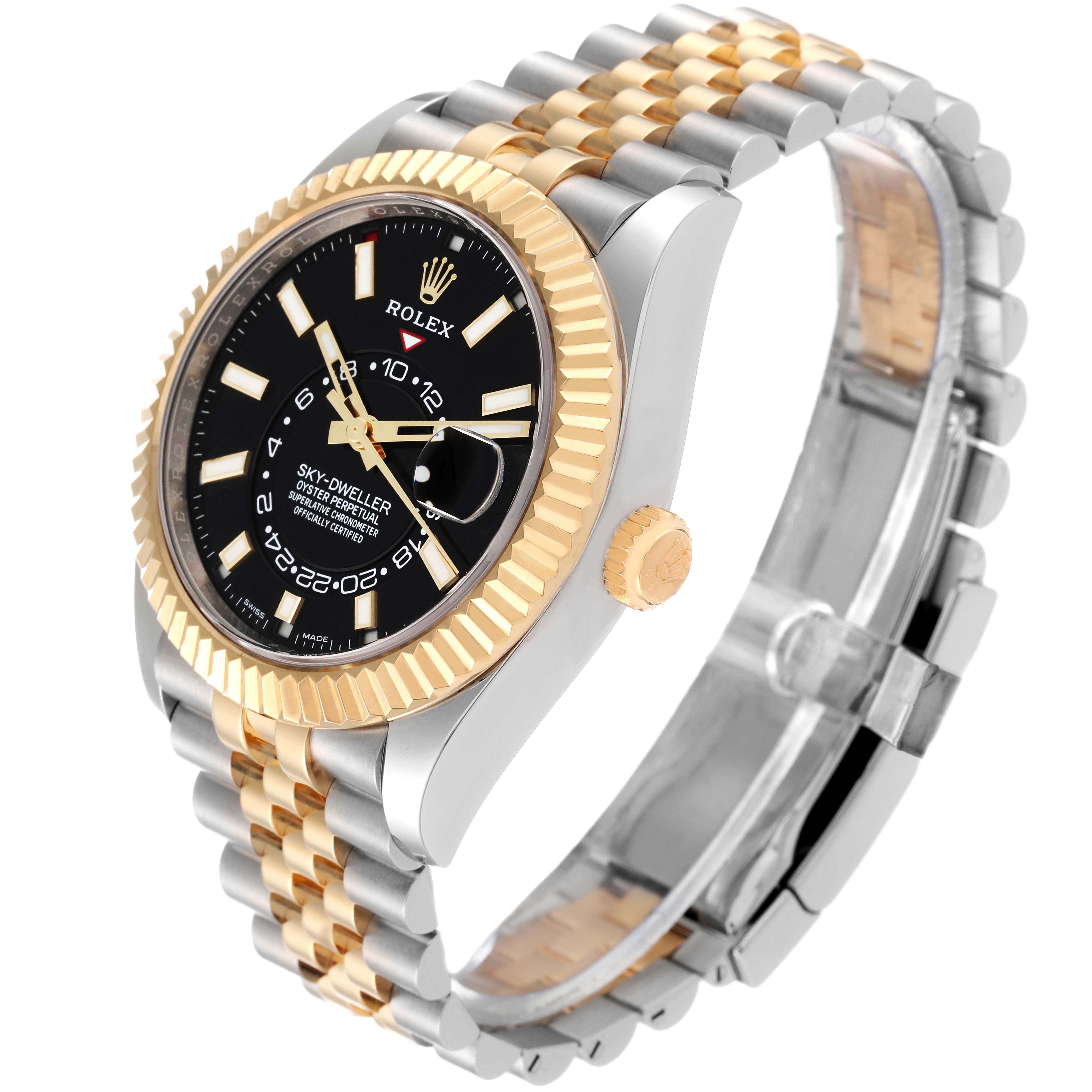 The image shows a Rolex Sky-Dweller 326933 Men's Steel and Gold (two tone) Black Dial 326933 Men's Steel and Gold (two tone) Black Dial watch from a three-quarter angle, highlighting the black dial, gold fluted bezel, and two-tone bracelet.