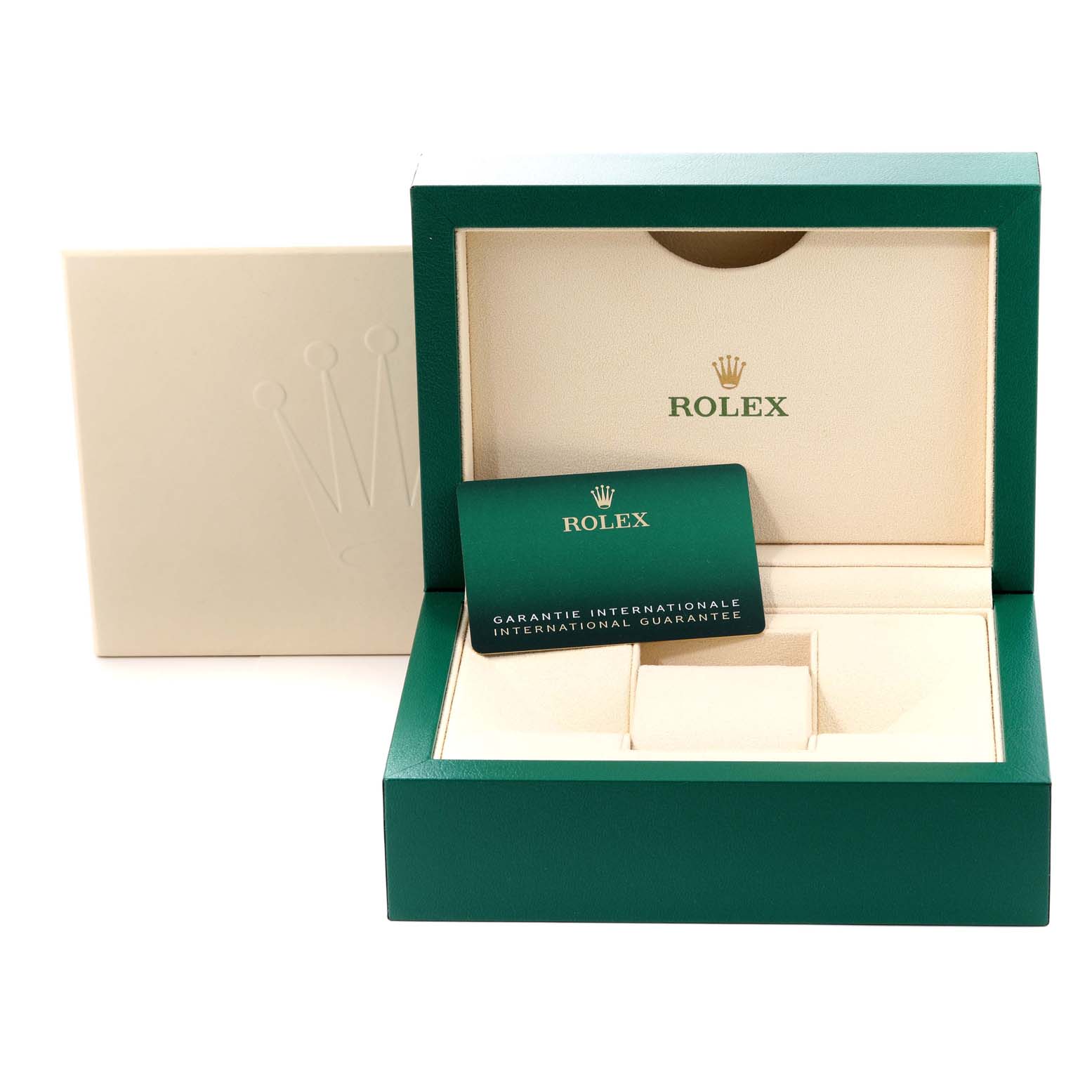 The image shows the open packaging box and international guarantee card for the Rolex Sky-Dweller 326933 Men's Steel and Gold (two tone) Black Dial 326933 Men's Steel and Gold (two tone) Black Dial model.