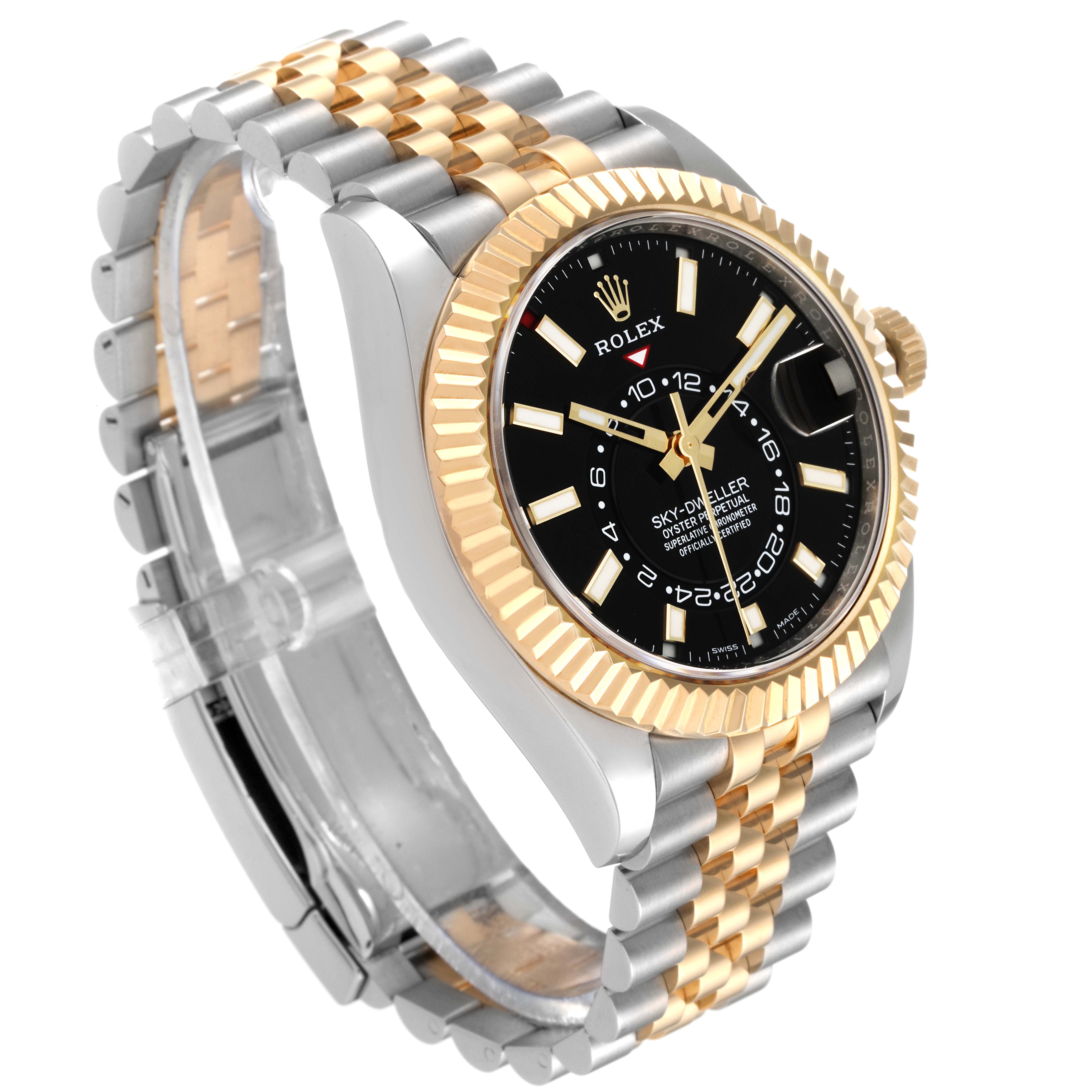 The Rolex Sky-Dweller 326933 Men's Steel and Gold (two tone) Black Dial 326933 Men's Steel and Gold (two tone) Black Dial watch is shown at an angled view, displaying its two-tone bracelet, black dial, and fluted bezel.