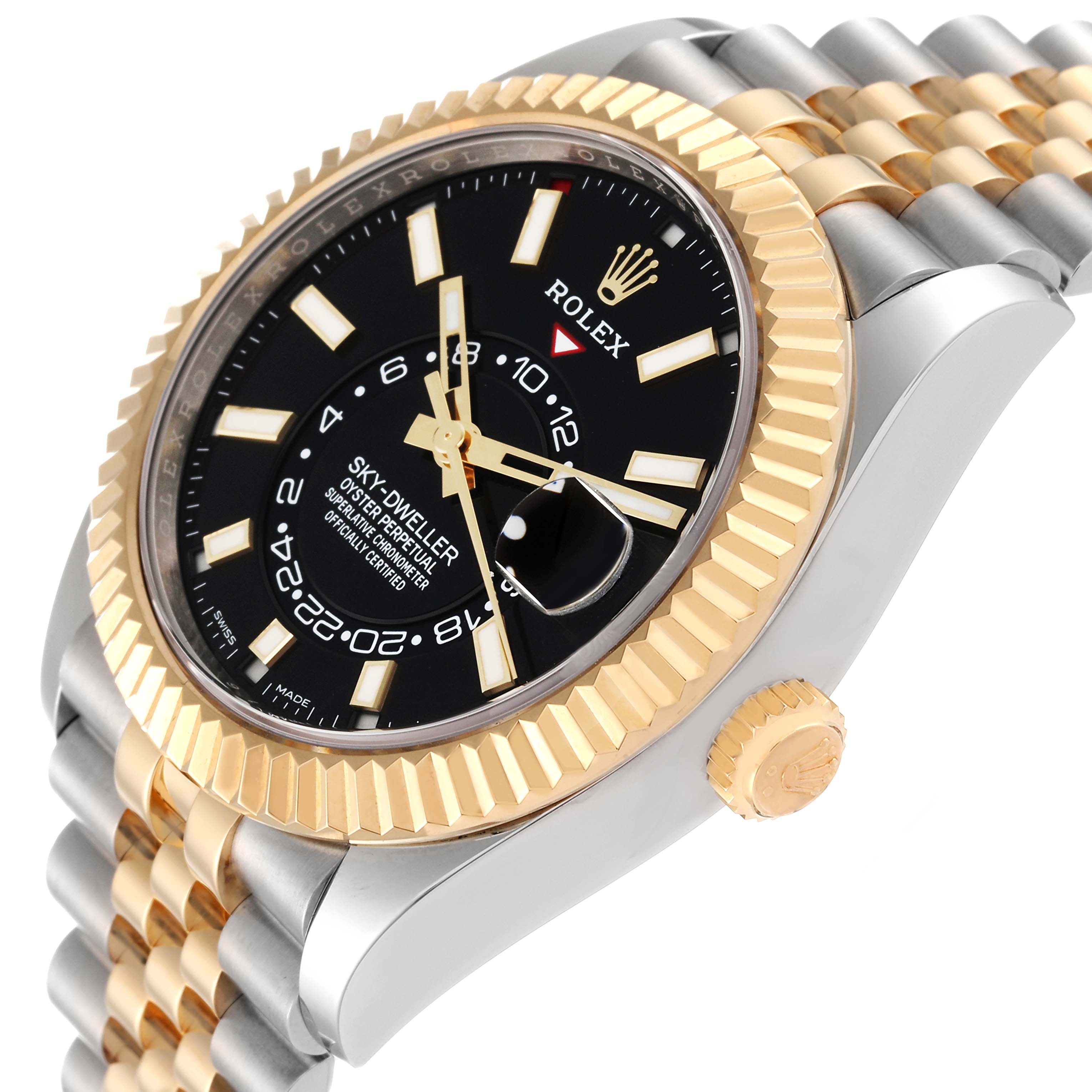 The image shows a side angle of the Rolex Sky-Dweller 326933 Men's Steel and Gold (two tone) Black Dial 326933 Men's Steel and Gold (two tone) Black Dial, highlighting the black dial, gold bezel, and two-tone bracelet.