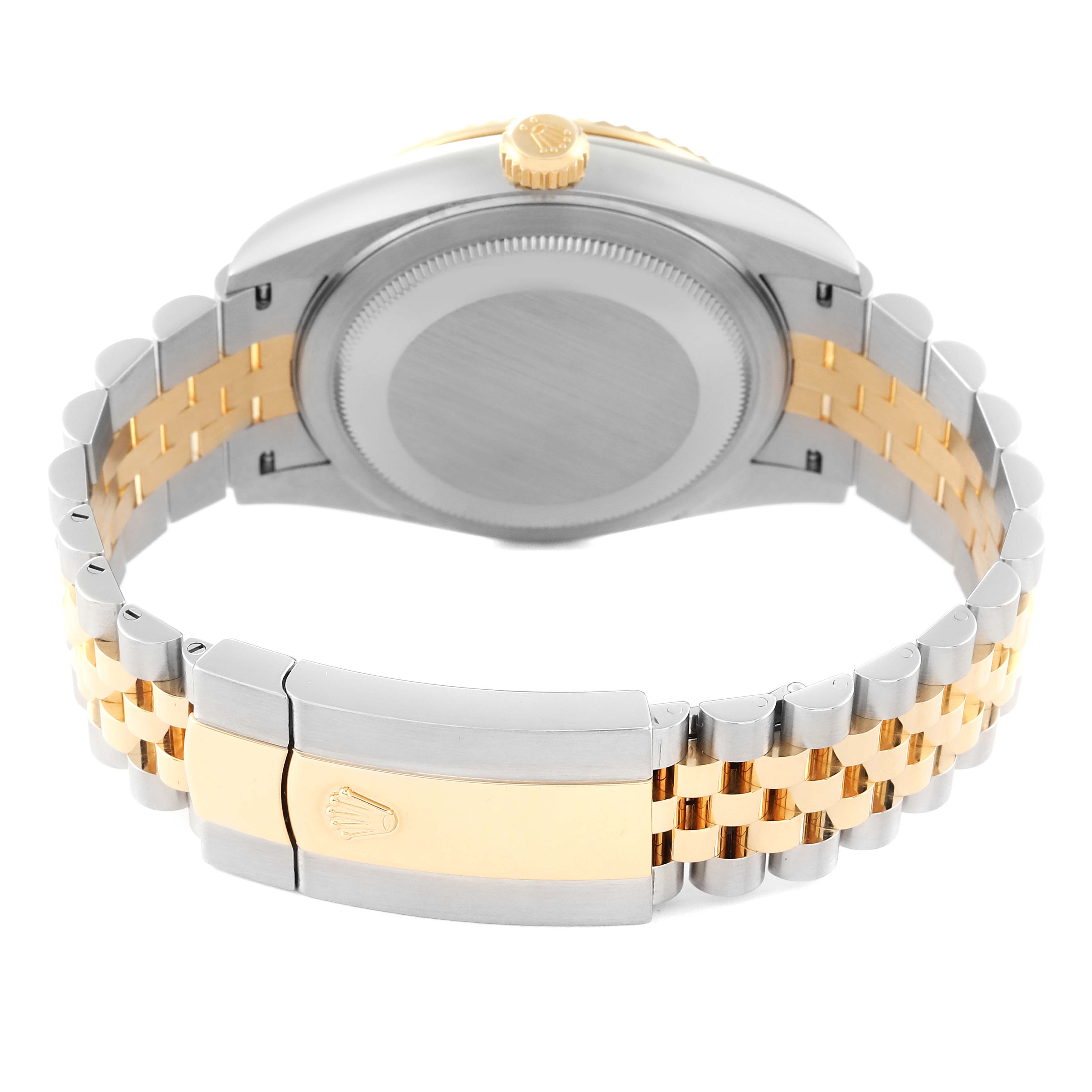 The image shows the backside and bracelet of a Rolex Sky-Dweller 326933 Men's Steel and Gold (two tone) Black Dial 326933 Men's Steel and Gold (two tone) Black Dial watch, highlighting its two-tone metal finish.