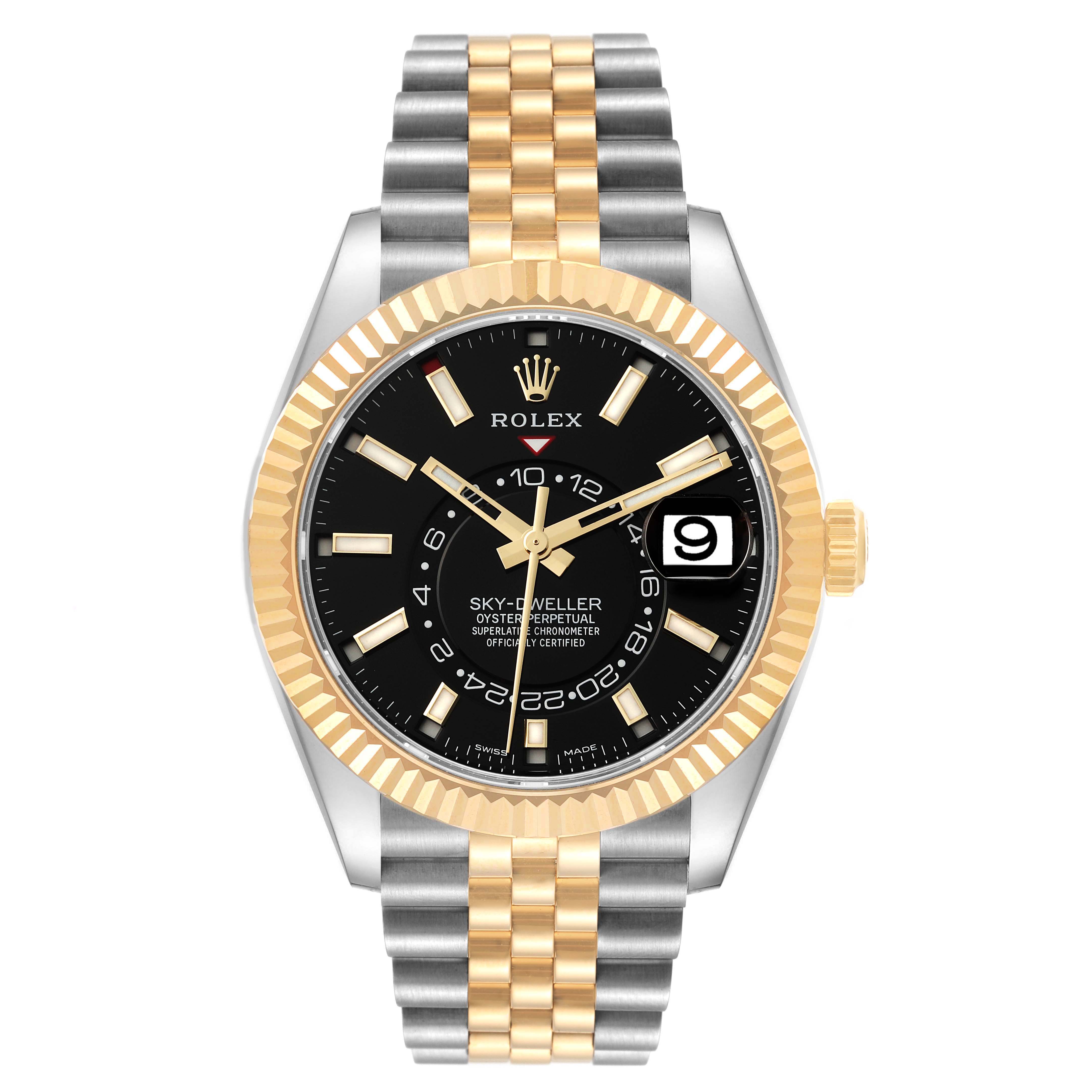 This image shows a front view of a Rolex Sky-Dweller 326933 Men's Steel and Gold (two tone) Black Dial 326933 Men's Steel and Gold (two tone) Black Dial watch, highlighting its dial, date window, and two-tone bracelet.
