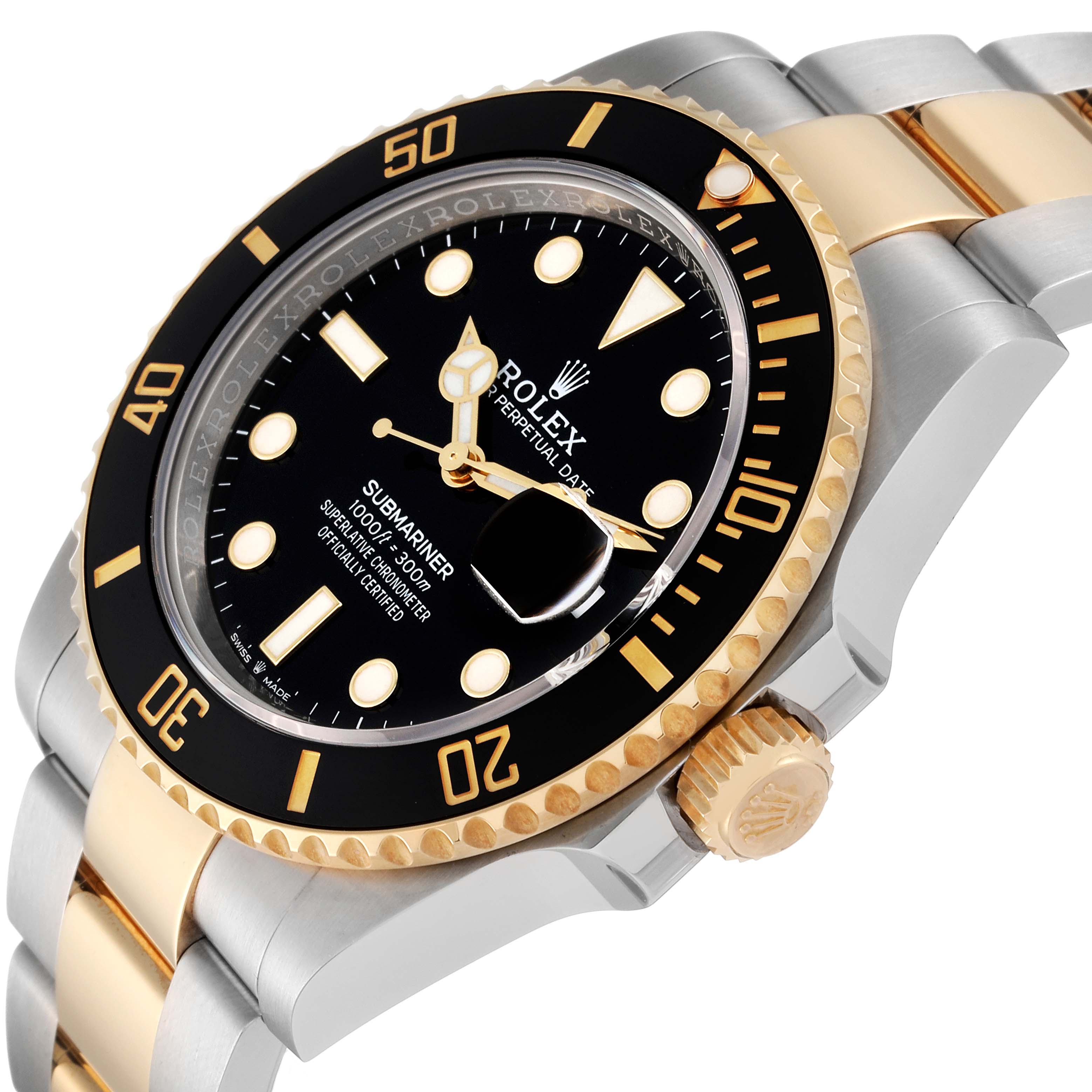 The image shows a close-up angle of a Rolex Submariner 126613LN Men
s Steel and Gold (two tone) Black Dial 126613LN Men
s Steel and Gold (two tone) Black Dial watch, focusing on its dial, bezel, and part of the bracelet.