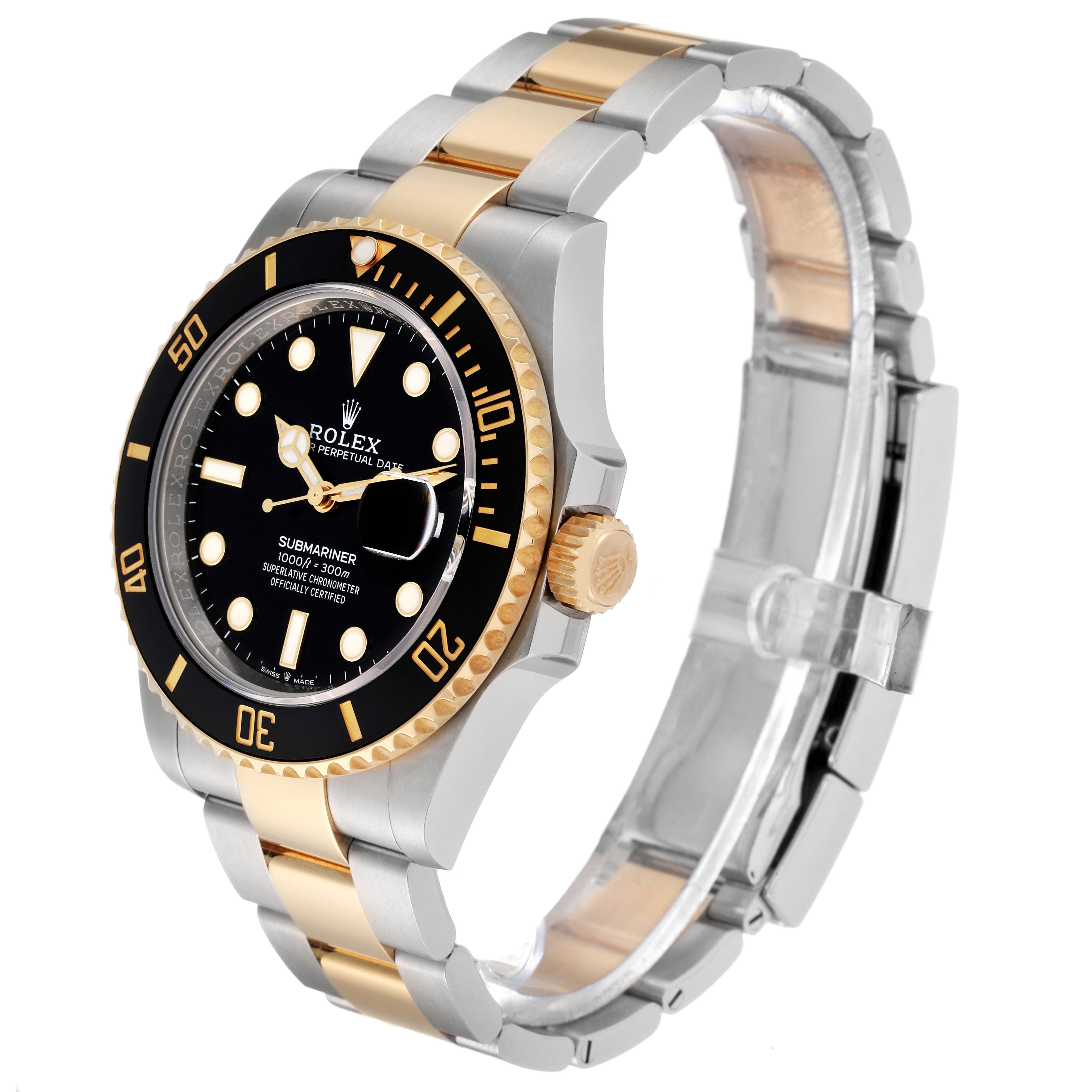 The image shows a Rolex Submariner 126613LN Men
s Steel and Gold (two tone) Black Dial 126613LN Men
s Steel and Gold (two tone) Black Dial watch at a three-quarter angle, highlighting its dial, bezel, and two-tone bracelet.