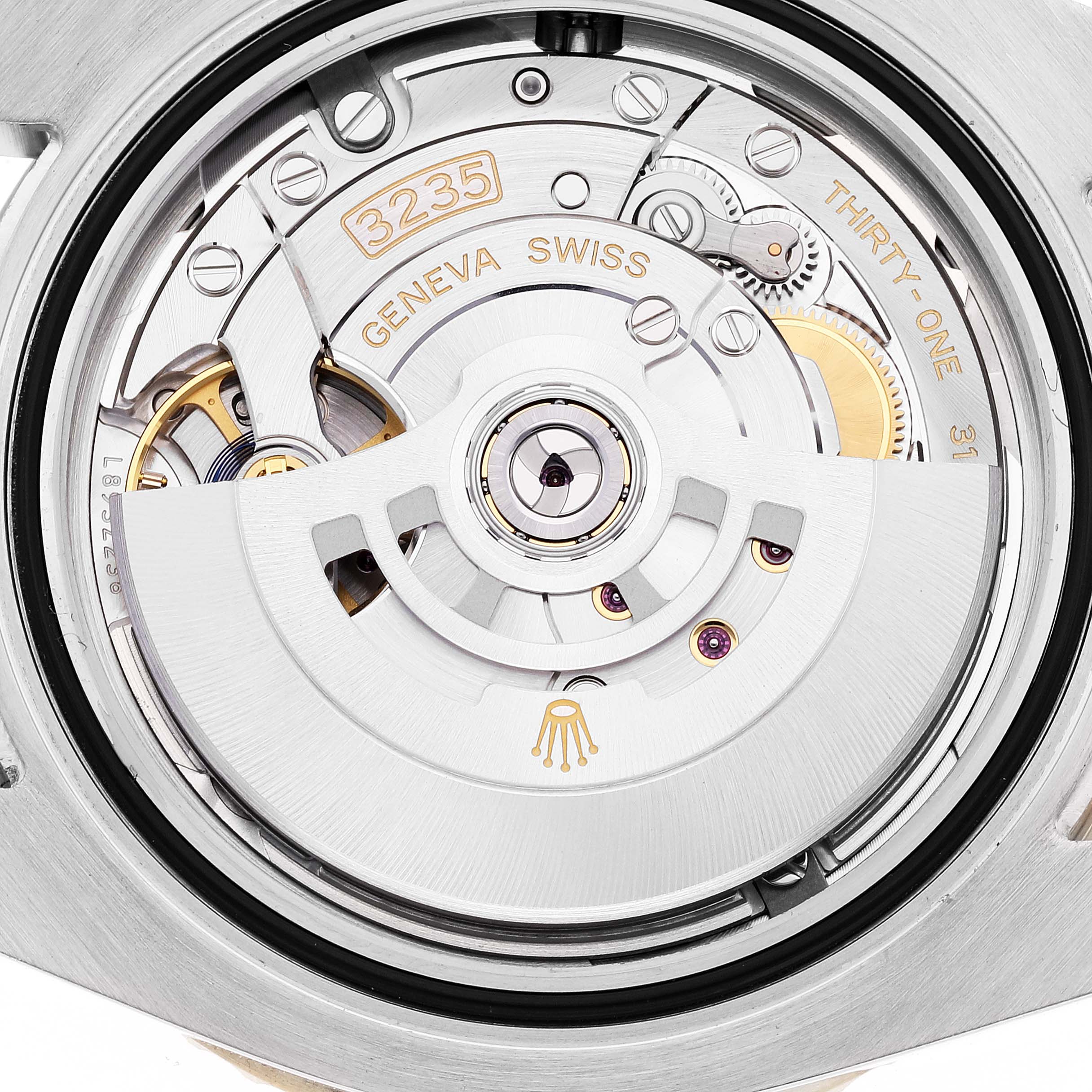 The image shows a close-up of the movement and rotor mechanism of a Rolex Submariner 126613LN Men
s Steel and Gold (two tone) Black Dial 126613LN Men
s Steel and Gold (two tone) Black Dial watch, specifically model 3235.