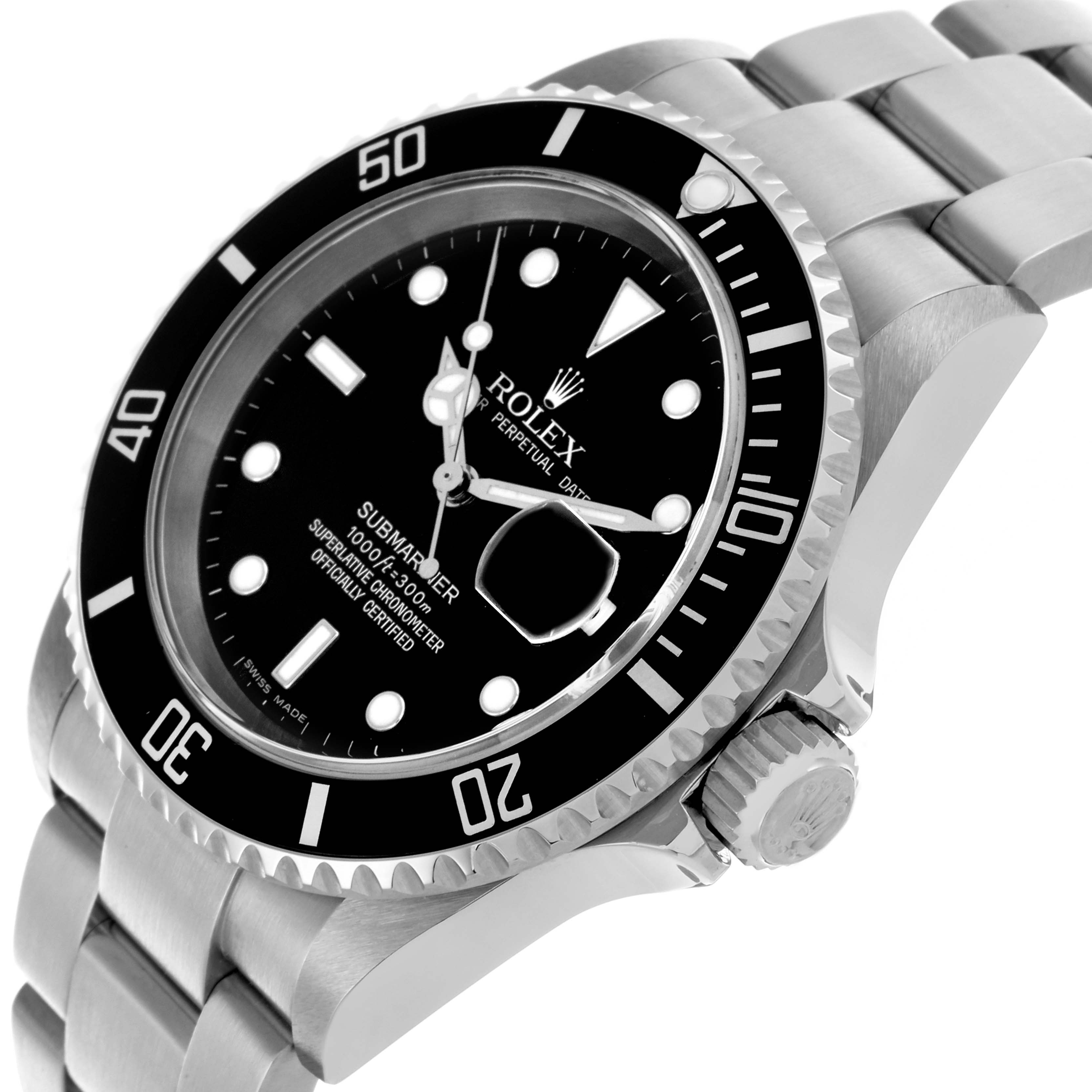 The Rolex Submariner 16610 T Men's Stainless Steel Black Dial 16610 T Men's Stainless Steel Black Dial is shown from a slight side angle, highlighting the bezel, dial, crown, and bracelet.