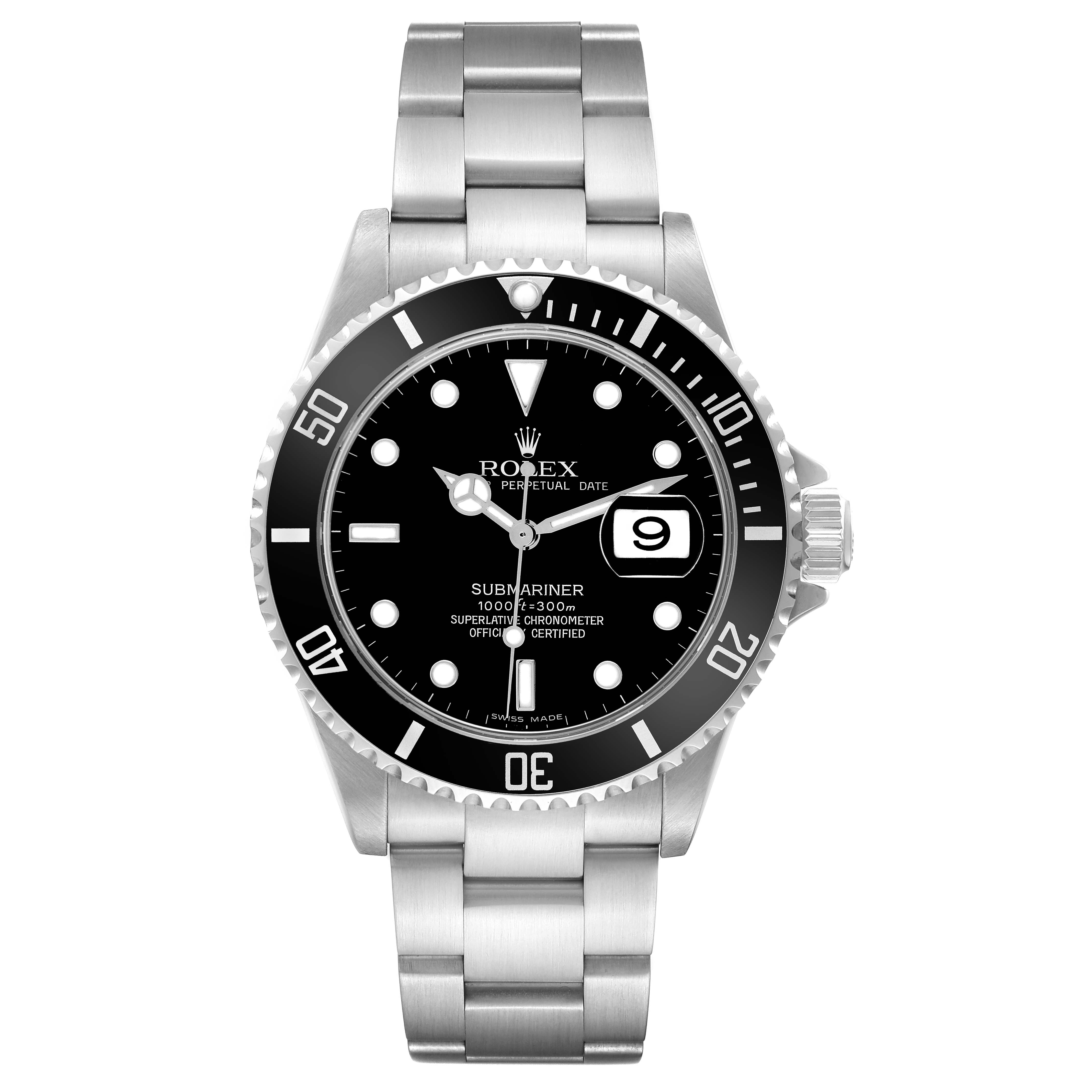 The Rolex Submariner 16610 T Men's Stainless Steel Black Dial 16610 T Men's Stainless Steel Black Dial watch is shown from a straight-on angle, displaying the dial, bezel, and bracelet.