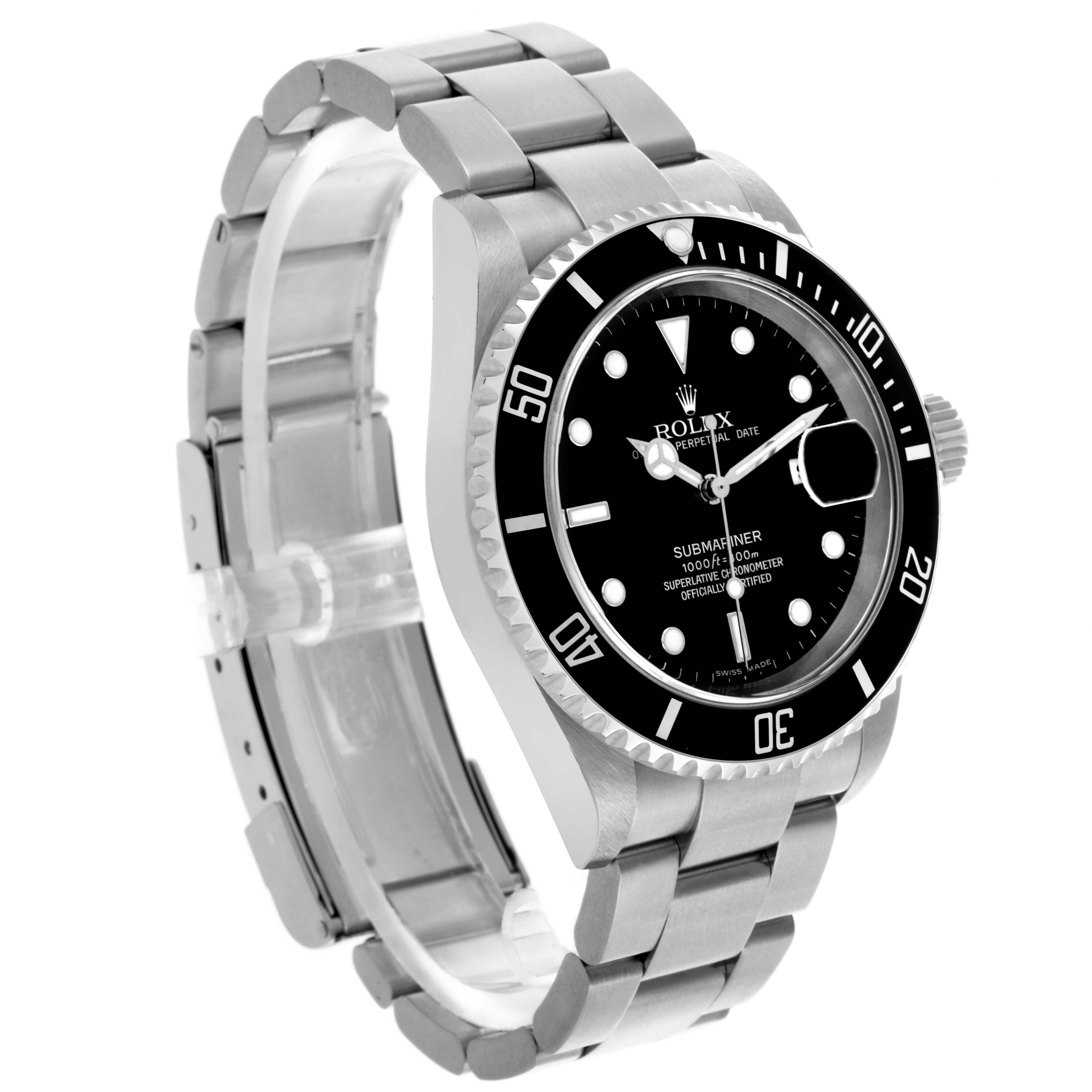 The Rolex Submariner 16610 T Men's Stainless Steel Black Dial 16610 T Men's Stainless Steel Black Dial watch is shown at a three-quarter angle, displaying the dial, bezel, and bracelet.