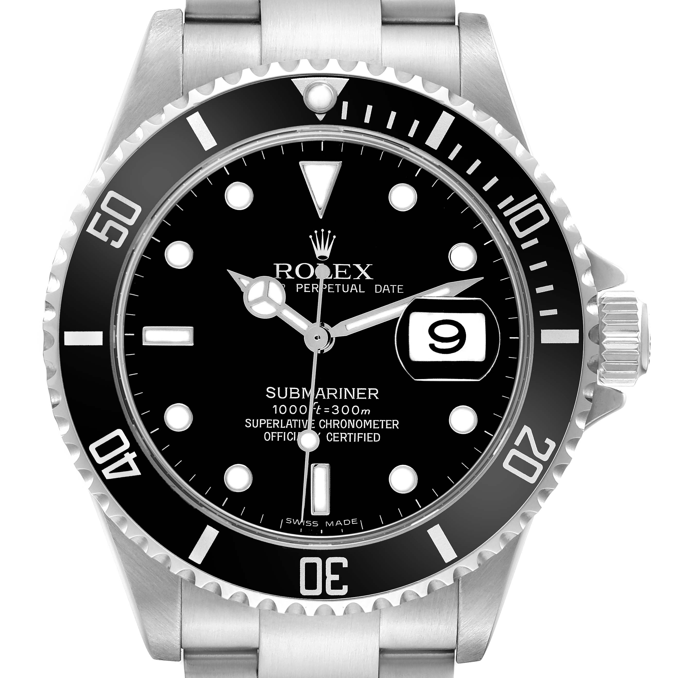 The Rolex Submariner 16610 T Men's Stainless Steel Black Dial 16610 T Men's Stainless Steel Black Dial watch is shown from a top angle, highlighting the dial, bezel, hands, and date window.