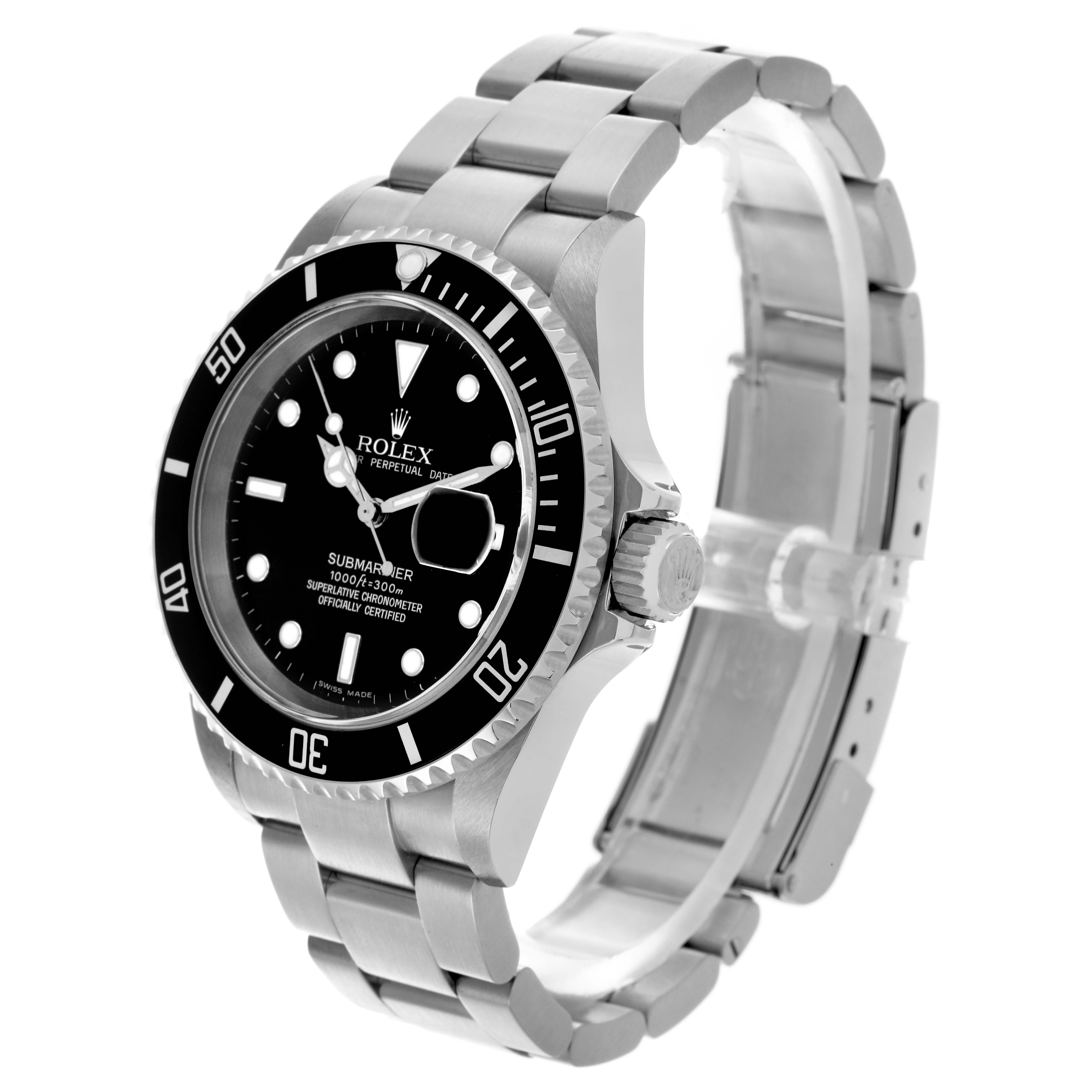 The Rolex Submariner 16610 T Men's Stainless Steel Black Dial 16610 T Men's Stainless Steel Black Dial watch is shown at a three-quarter angle, highlighting the dial, bezel, crown, and bracelet.