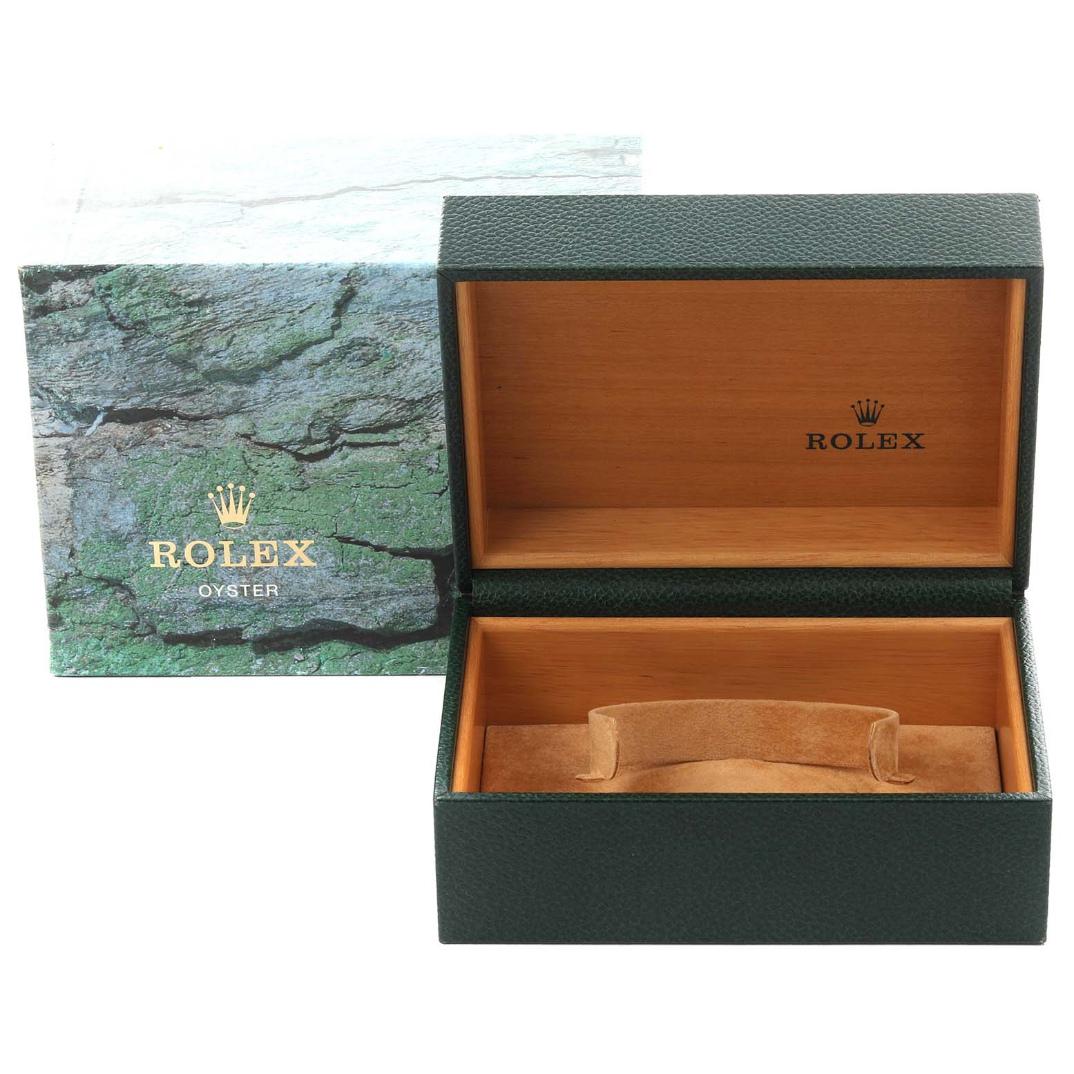The image shows an open Rolex Submariner 16610 T Men's Stainless Steel Black Dial 16610 T Men's Stainless Steel Black Dial watch box from a front angle, highlighting the green exterior and wooden interior.
