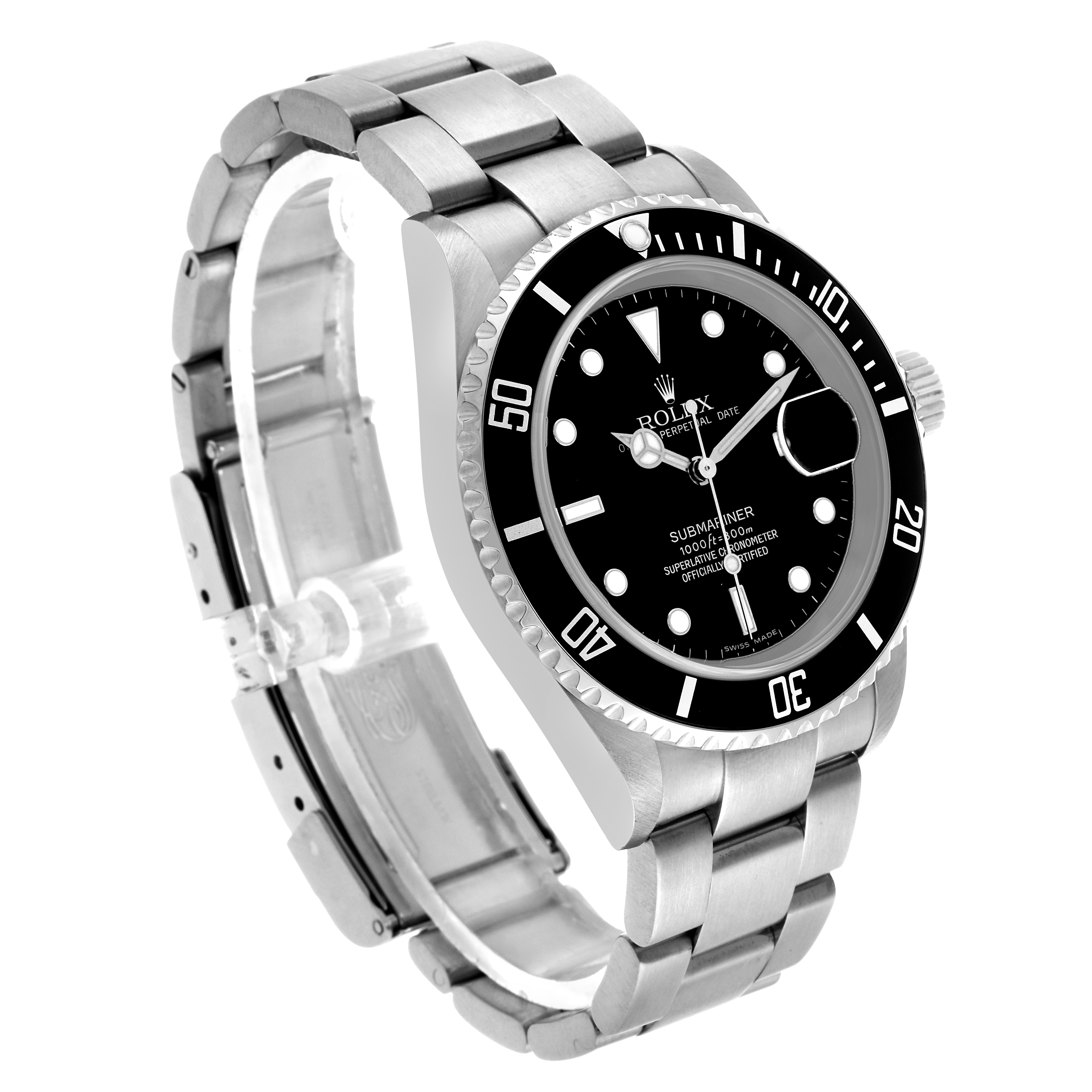 The Rolex Submariner 16610 Men's Stainless Steel Black Dial watch is shown at a three-quarter angle, highlighting the face, bezel, crown, and bracelet.