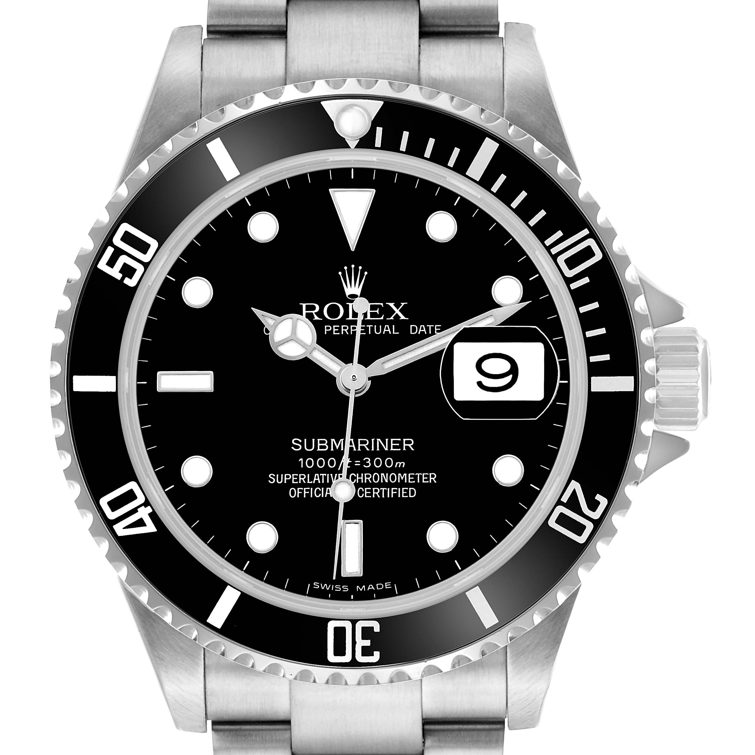 The Rolex Submariner 16610 Men's Stainless Steel Black Dial watch is shown from a front angle, displaying its dial, bezel, and part of the bracelet.