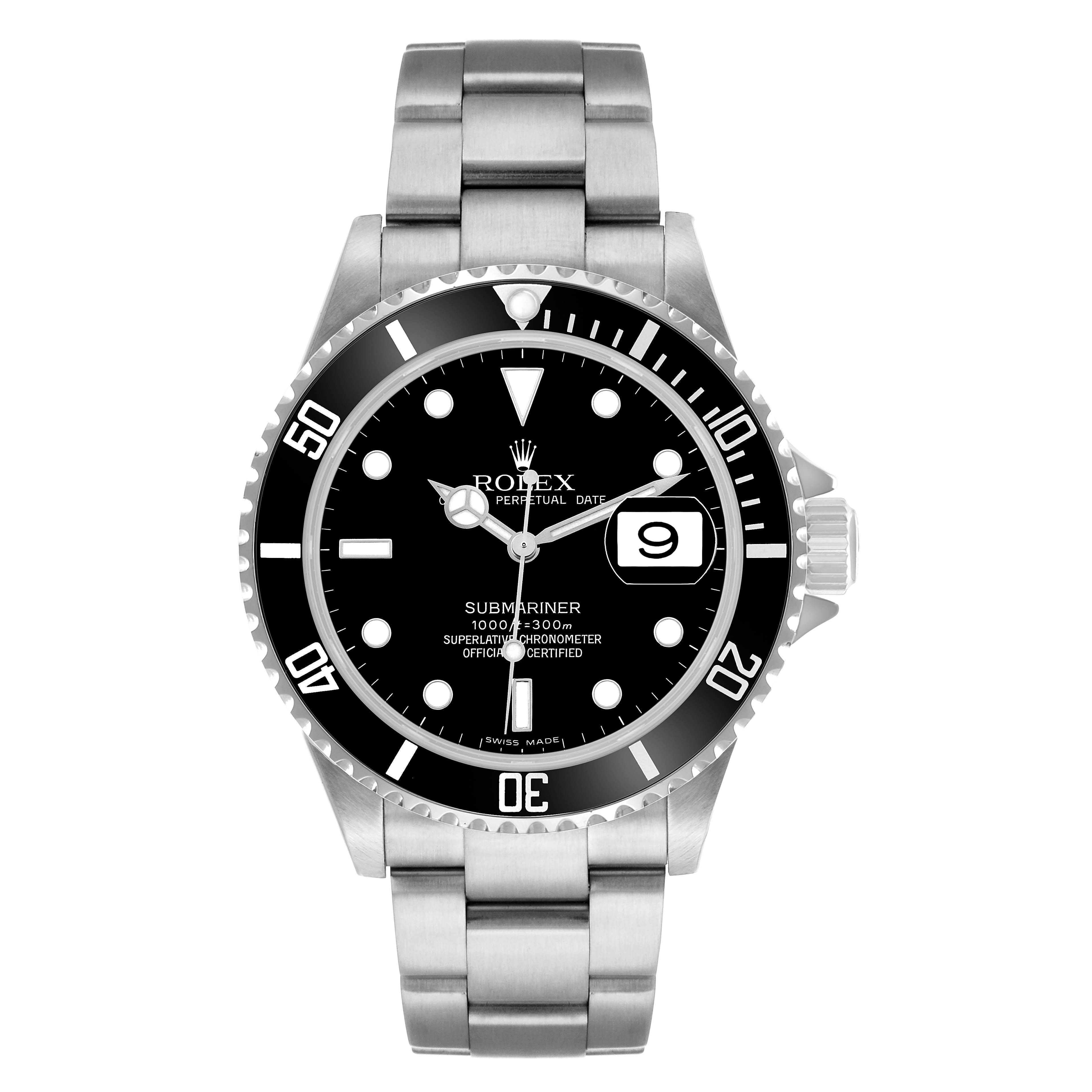 The Rolex Submariner 16610 Men's Stainless Steel Black Dial watch is shown from a front angle, highlighting the dial, bezel, bracelet, and date window.