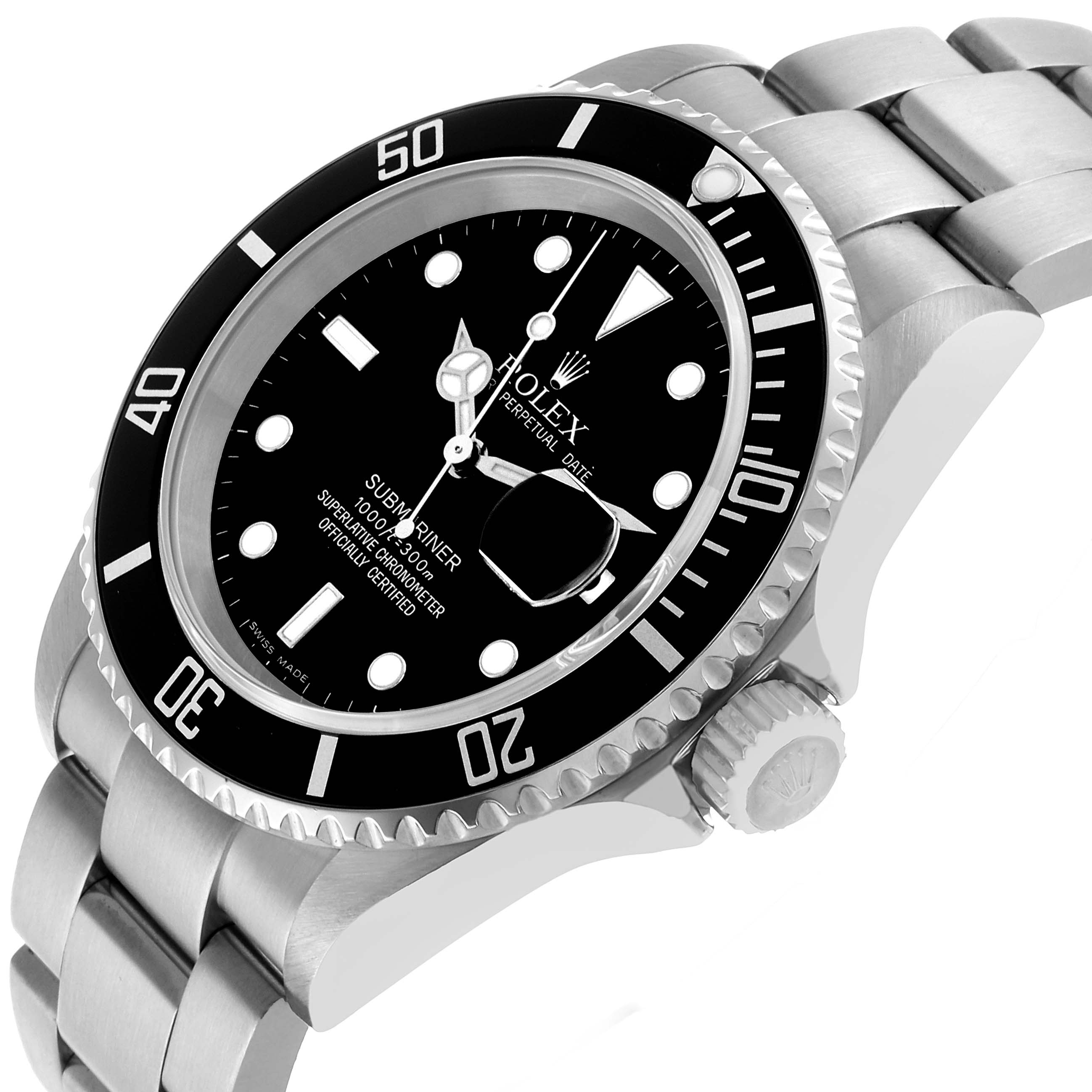 The Rolex Submariner 16610 Men's Stainless Steel Black Dial watch is shown from an angled top view, highlighting the bezel, dial, crown, and bracelet.