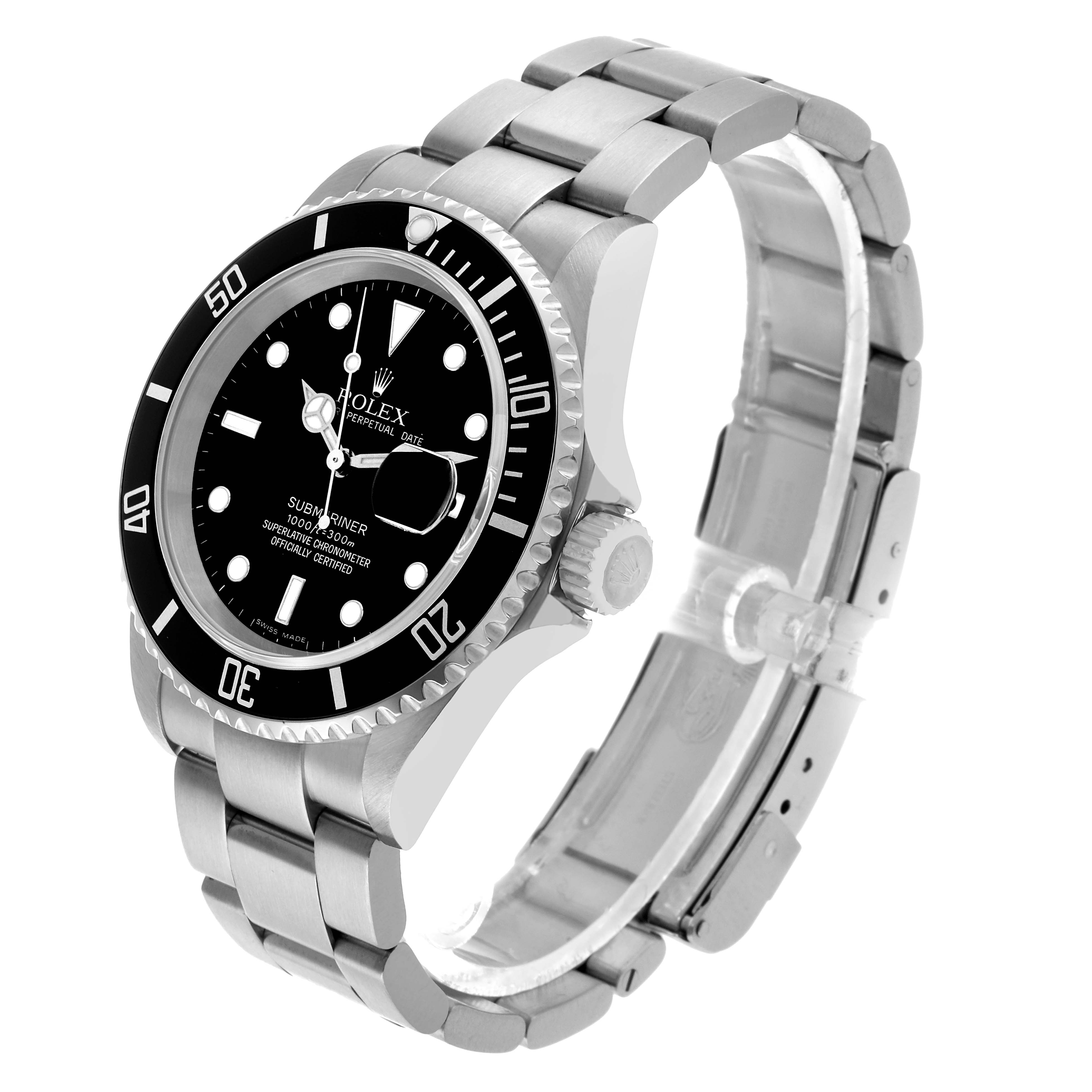 The Rolex Submariner 16610 Men's Stainless Steel Black Dial watch is shown at a three-quarter angle, displaying the face, bezel, bracelet, and side crown clearly.