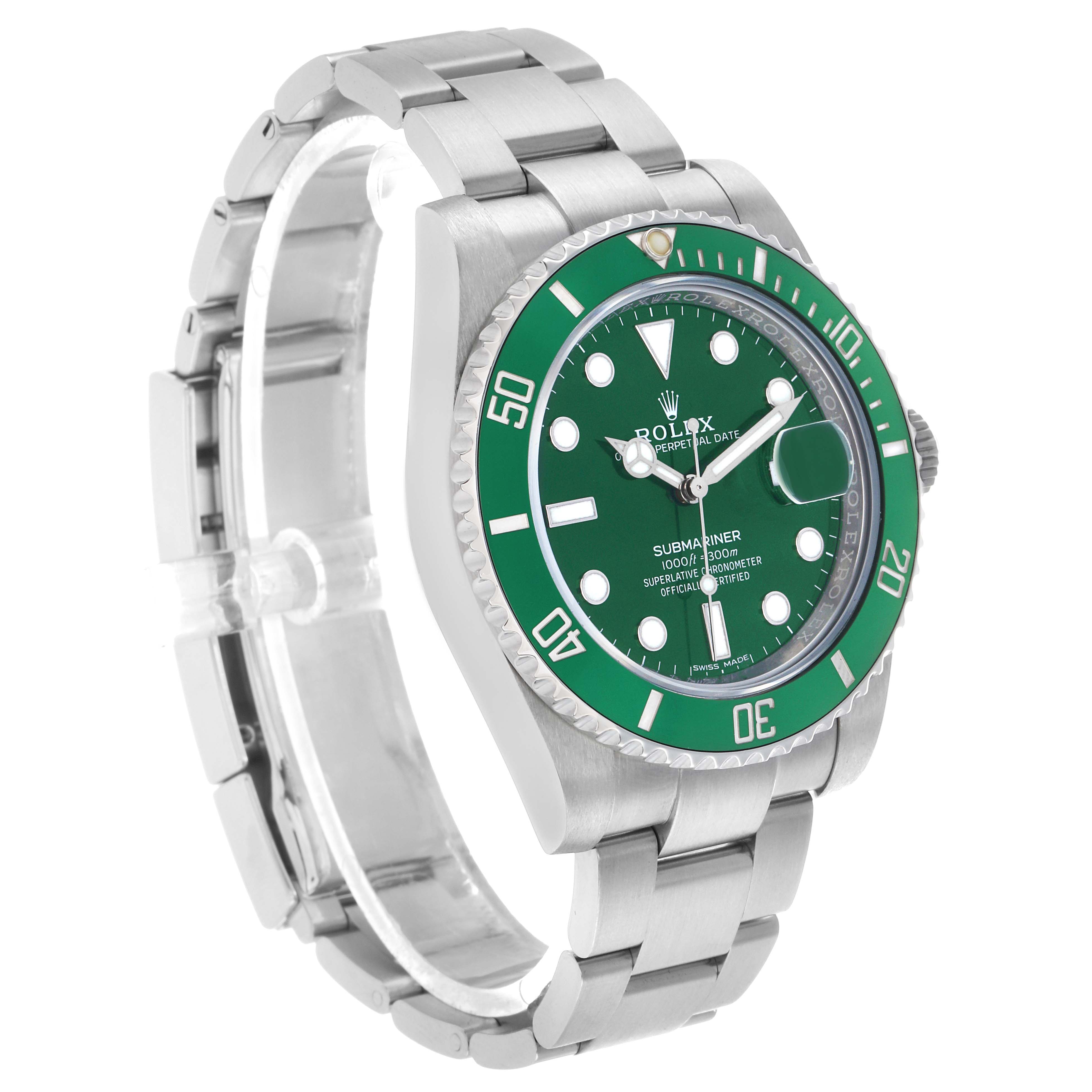 The Rolex Submariner 116610LV Men's Stainless Steel Green Dial watch is shown at a three-quarter angle, highlighting the bezel, face, and bracelet.