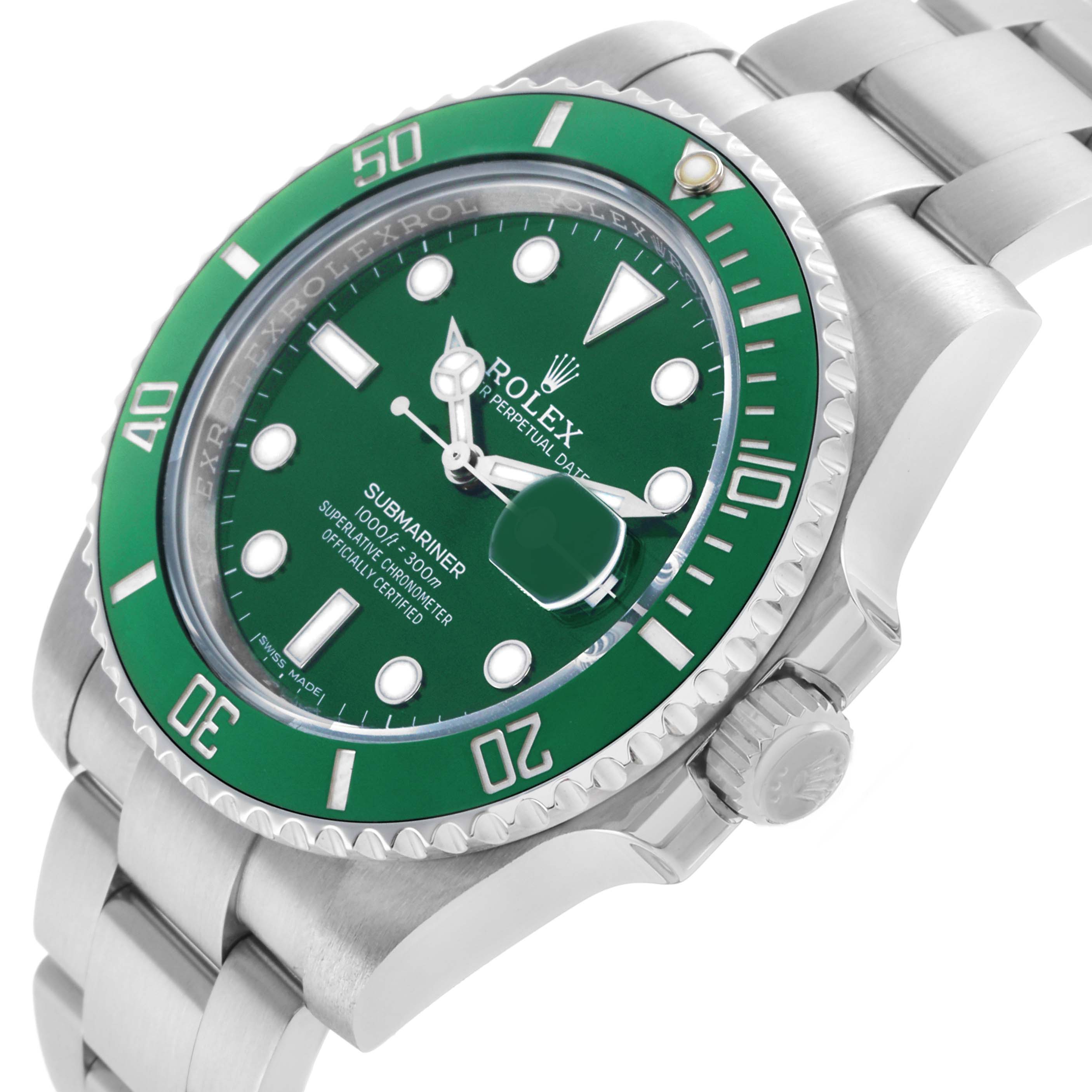 The image shows a Rolex Submariner 116610LV Men's Stainless Steel Green Dial at a three-quarter angle, highlighting the green bezel, dial, crown, and part of the bracelet.
