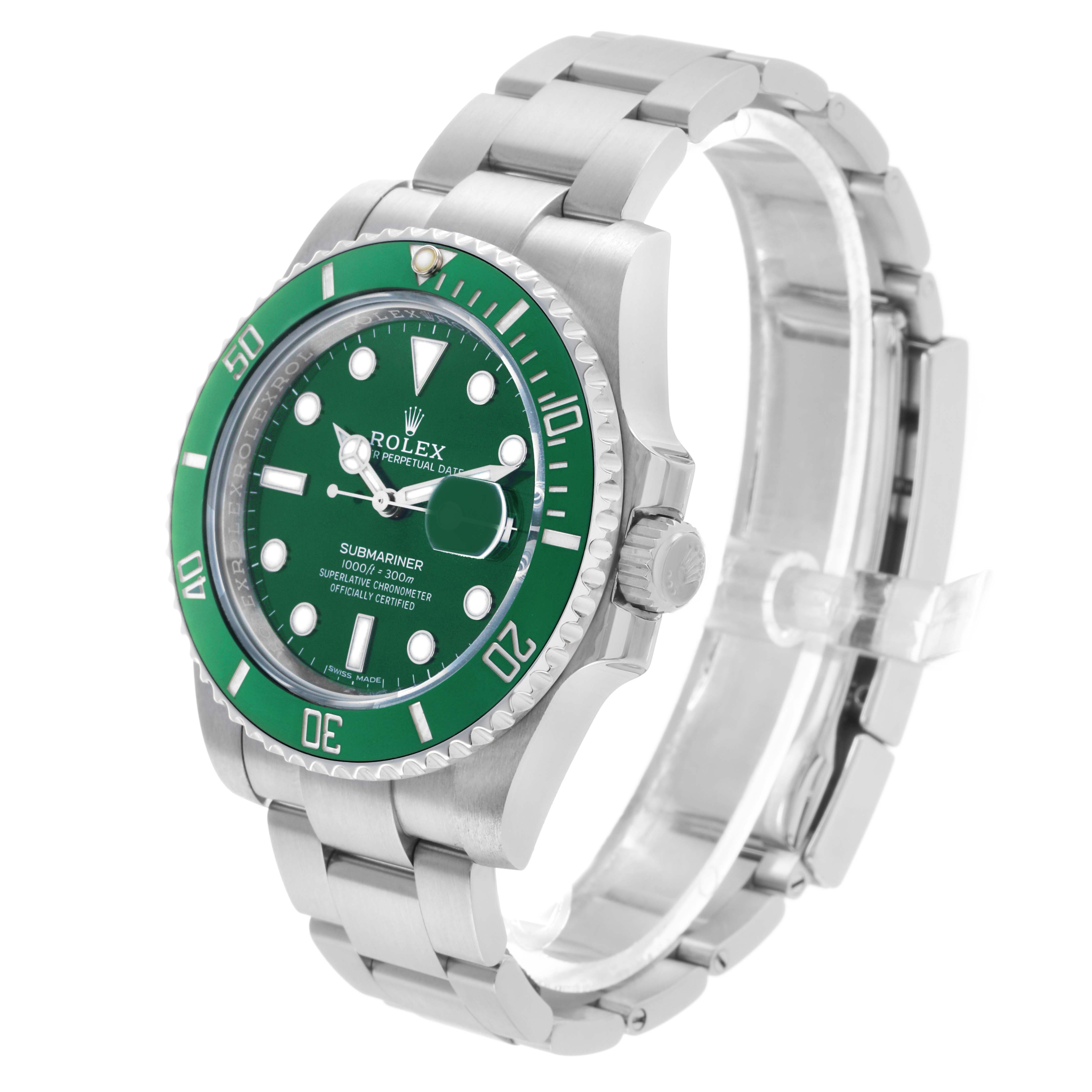 The Rolex Submariner 116610LV Men's Stainless Steel Green Dial watch is shown at a three-quarter angle, revealing the dial, bezel, case, crown, and bracelet.