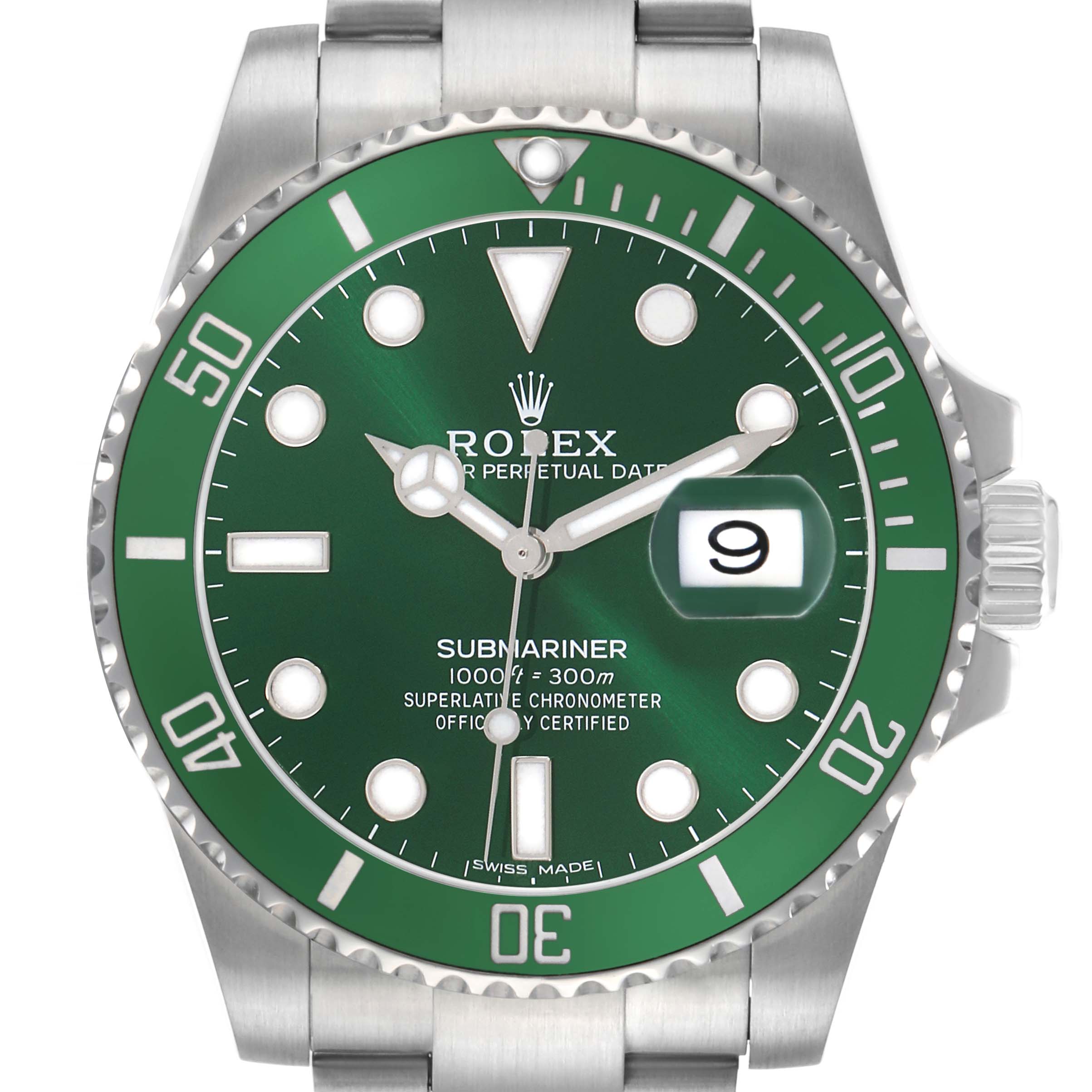 The Rolex Submariner 116610LV Men's Stainless Steel Green Dial is shown from a top view, highlighting its green bezel, dial, indices, hands, and date window.