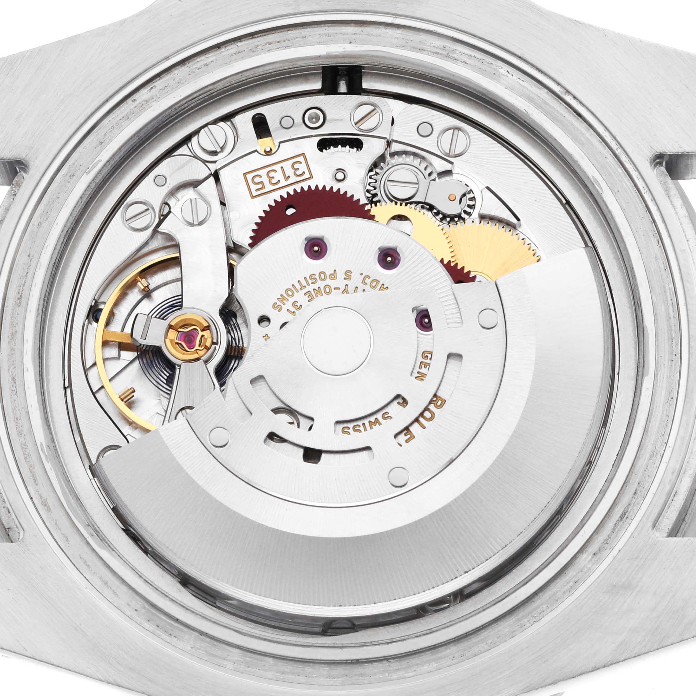 The image shows the internal mechanism of a Rolex Submariner 116610LV Men's Stainless Steel Green Dial watch, focusing on the movement components from a direct top-down angle.