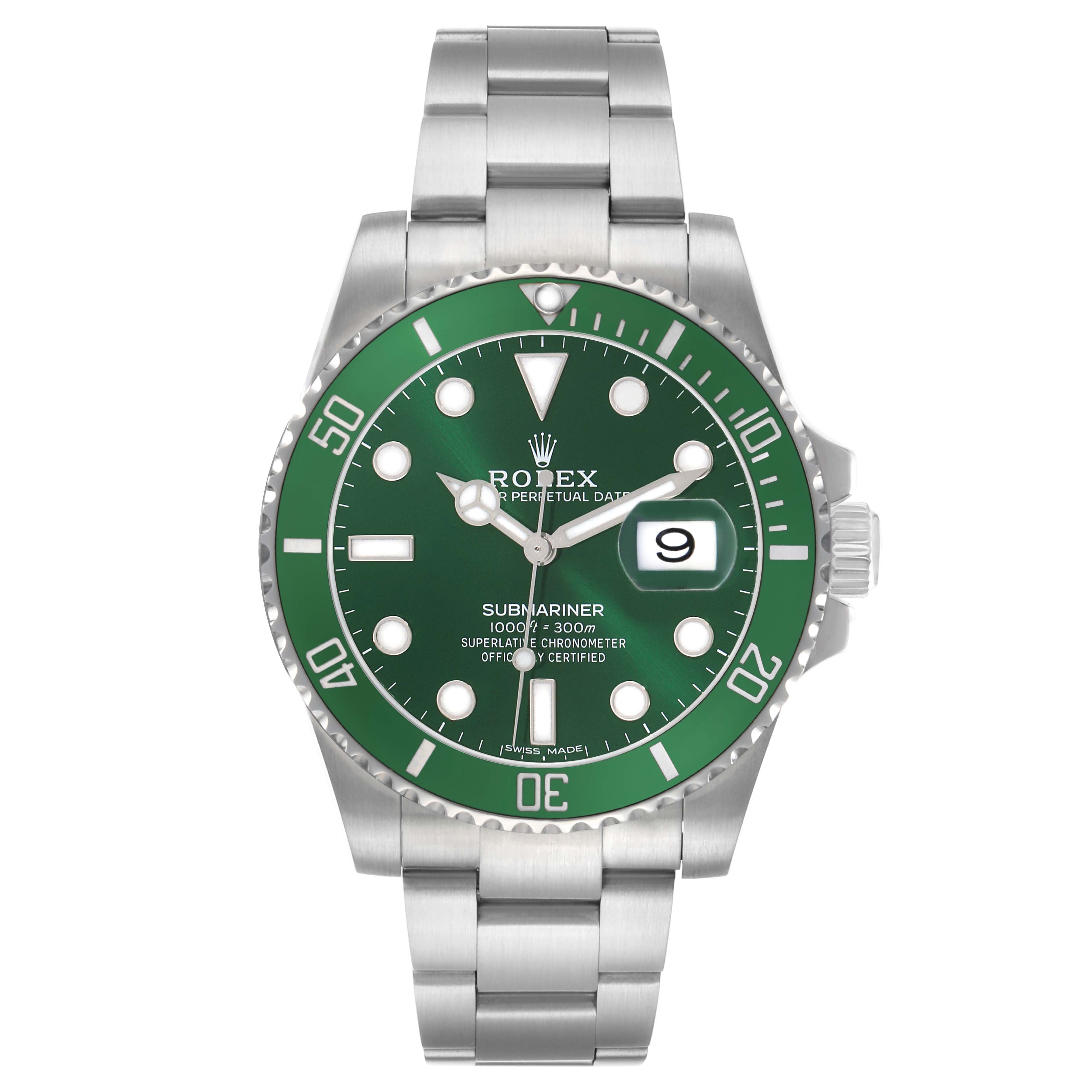 The Rolex Submariner 116610LV Men's Stainless Steel Green Dial watch is shown from a front angle, displaying the dial, bezel, and bracelet.